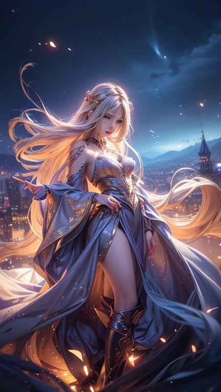 (  best quality, Realistic, photo-Realistic:1.37),   bright color , Smooth curves,    soft writing,  Anime Style, Long flowing hair, Beautiful eyes and lips,   captivating gaze  ,  Complicated clothes ,   fantasy background ,   Dreamy Atmosphere .Slowly Walking Multi View ,  widescreen, far and near method,  Backlight , 