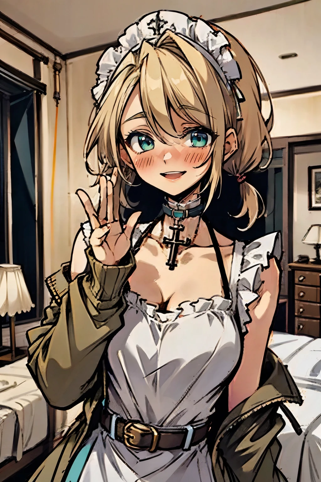 (masterpiece:1.2), (high quality:1.2), rekkyo sensen, rekkyou sensen, girls with(((1girl, solo, aiden d adams, white blonde hair, teal eyes, smiling, blush, short hair, frilled headdress, low twintails:1.3), maid, off-shoulder sleeves, bare shoulder, breasts, choker, cleavage, coat, cowboy shot, (white frilled dress:1.2), camisole, puffy pants, stright dress, (((stright dress)))wear, white apron, collar, collarbone, rosary, rosary choker, cross, fur, khaki hoodie, green hoodie, hood down, hooded coat, hooded jacket, hoodie, jacket, large breasts, long sleeves, medium breasts, open clothes, open coat,open hoodie, sleeveless, winter clothes, cleavage, upper body, hand up, waving, palm)), background with((bedroom, room:2.0))