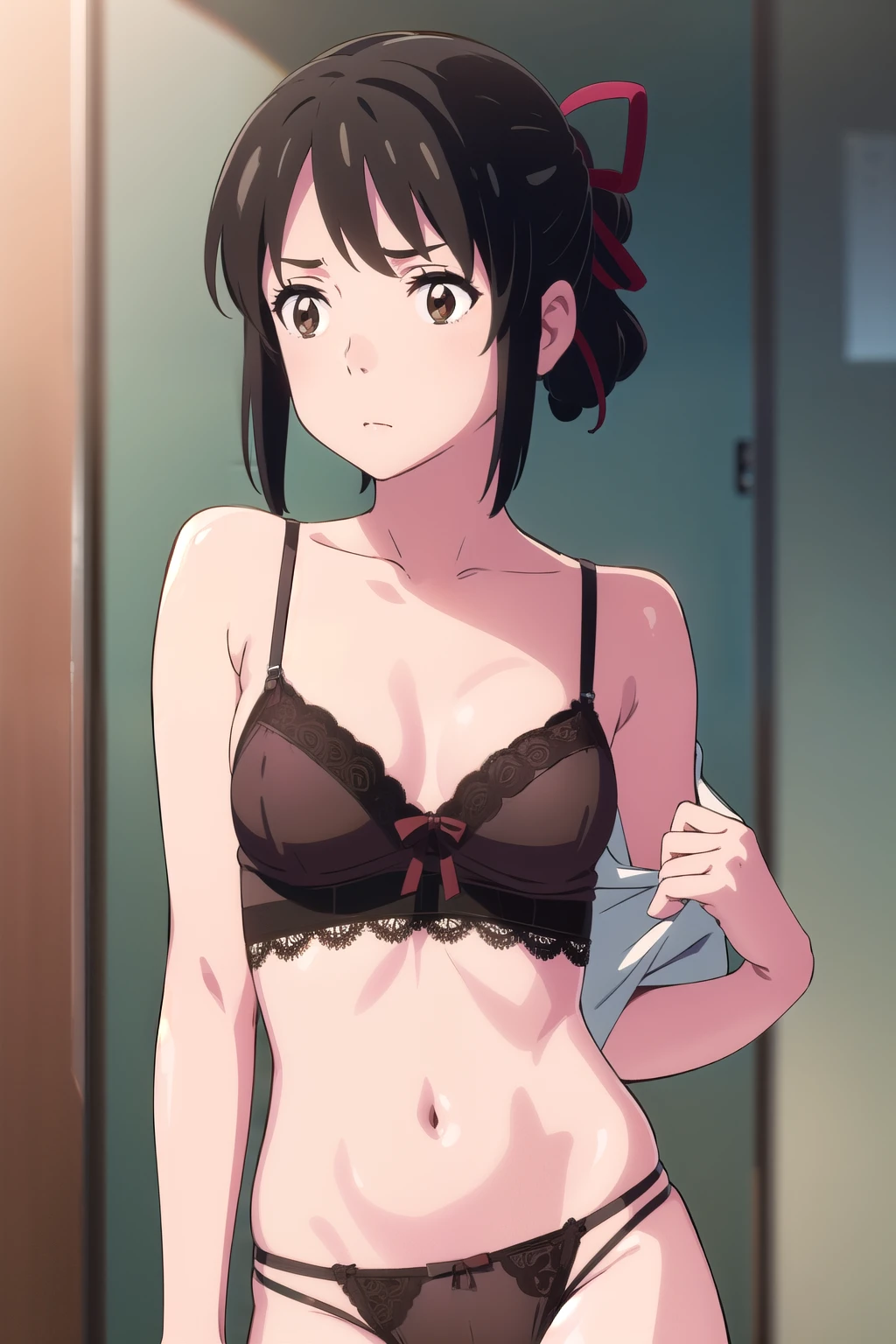 mitsuhamiyamizu, Mitsuha Miyamizu, black hair , ( brown eyes:1.5), hair ribbon , wearing sexy body lingerie.