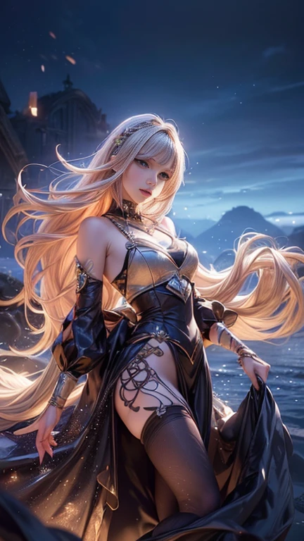 (   best quality, Realistic, photo-Realistic:1.37),    bright color , Smooth curves,     soft writing,  Anime Style, Long flowing hair, Beautiful eyes and lips,   sight  ,   black dress,    fantasy background ,    Dreamy Atmosphere .Slowly Walking Multi View  ,   widescreen , far and near method,  Backlight , 