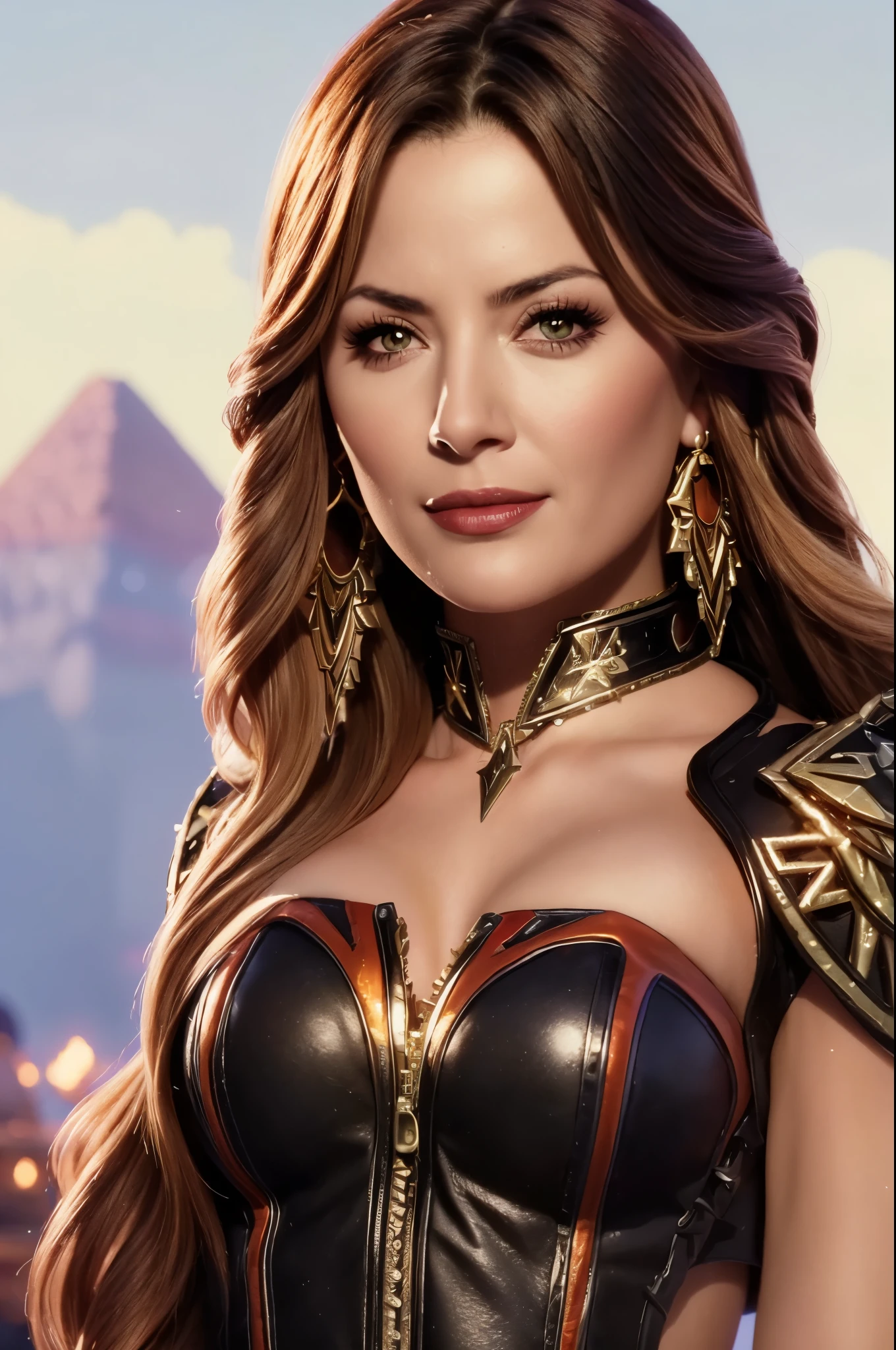 A adult girl in realistic photo of high quality and detail, 2000's movie style, Mavuika (Genshin Impact), 25 years old, red lips, ((amber eyes)), black clothes, (highly detailed skin:1.2), smile expression, tanned skin, beautiful, hyperrealism, yellow sunglasses, glow, eye shadow, 1girl, Depth & Perspective, smiling on her face, fine face, She is standing in the middle of the battle arena, outdoors, Aztec pyramid on the background, looking at viewer, blue sky, white clouds, (ultra-high detail:1.2), Masterpiece, Best Quality, Ultra-detailed, Cinematic lighting, 8K, delicate features, cinematic, 35 mm lens, f/1.9, highlight lighting, global lighting –uplight –v 4, cinematic, Cinematic lighting, 8K, high quality, Highest Quality, (Solo Focus), (extremly intricate:1.3), (Realistic), masterful, Analog style, (Film grain:1.5), (warm hue, cold tone),