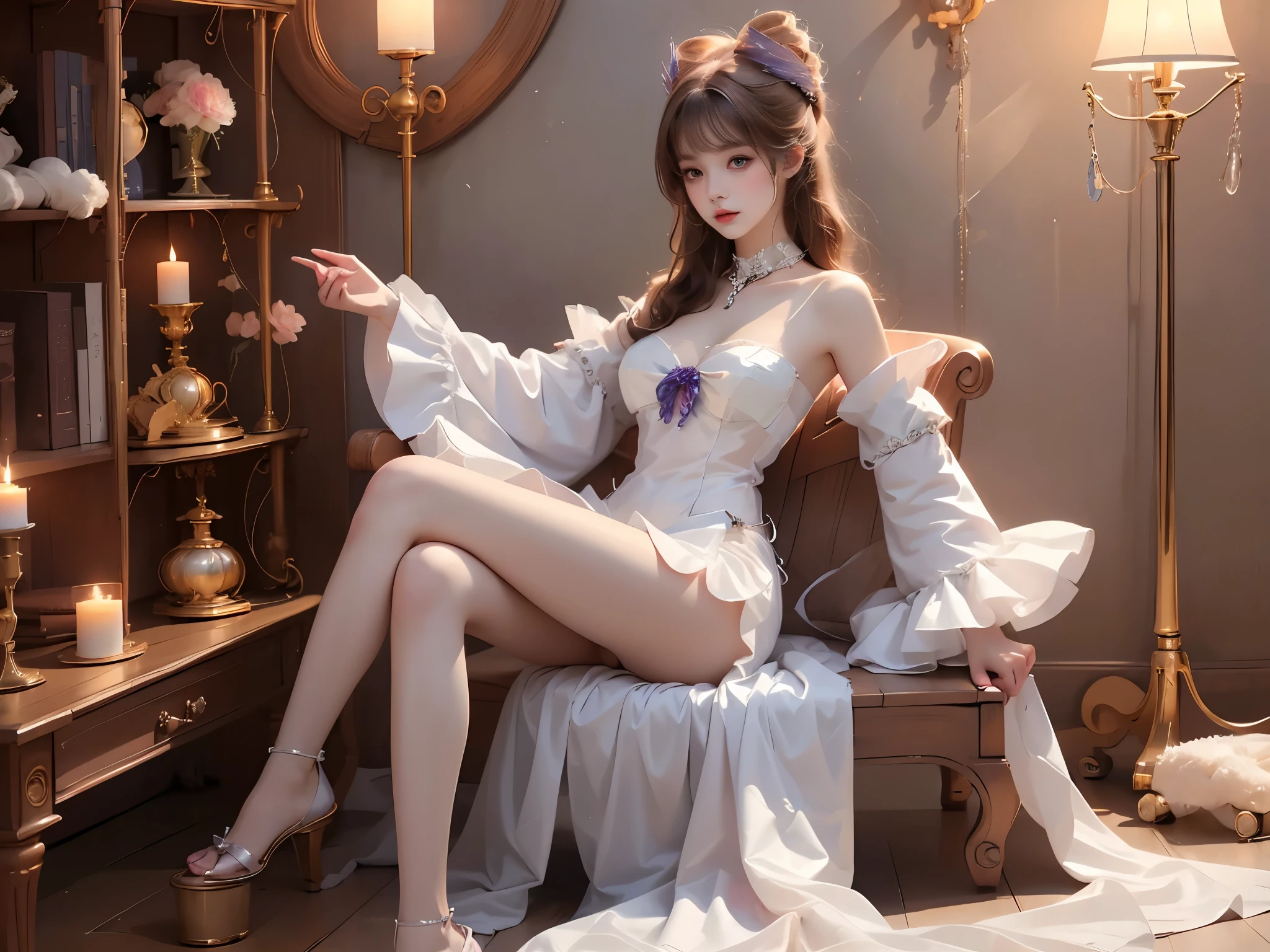 sangonomiya kokomi,hair ornament,white pantyhose,white half gloves,frilled sleeves,bow-shaped hair,bow,detached collar,sandals,white panties,1girl,solo,widesleeves,longhair,purple eyes ((full body)), ((overhead view,top-down view)), ((natural sitting pose with upper body leaning back)), ((reclining posture supported by elbows)), dark style realistic beauty, 1girl, solo, beautiful face with soft feminine features, (relaxed sitting position), (full breasts with visible cleavage), (one leg bent, one leg extended), (correct and attractive leg shape), (perfect anatomical proportions), dynamic composition, shapely figure, long toned legs, (highly detailed skin:1.3), flawless complexion, professional fashion photography, sharp focus, bokeh background, natural rim lighting, 8k ultra hd, photorealistic detail, studio quality, sophisticated atmosphere, feminine elegance, high-fashion editorial style.