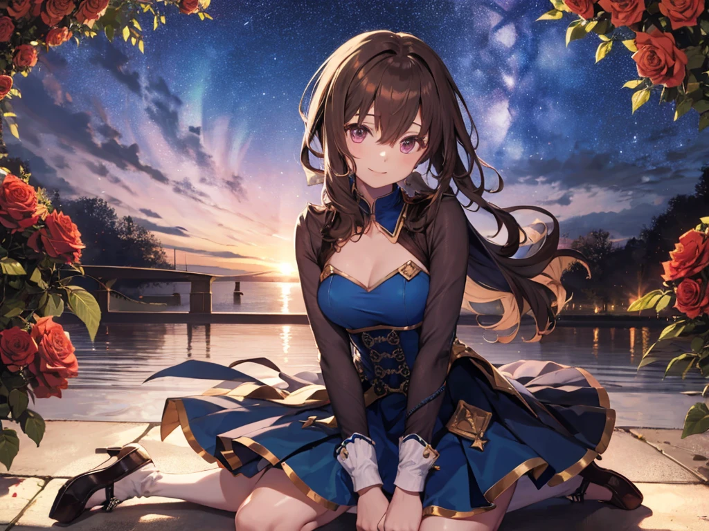 alone、Alone、Human Girl、Human Ear、(blue frill costume)、(Frilled Long Skirt)、smile、 forward leaning、slouch、Kneeling、Focus on the chest、 rose garden、 starry sky 、 Hi-Res, masterpiece, accurate,  anatomically correct,  won numerous awards,  best quality,  textured skin, 