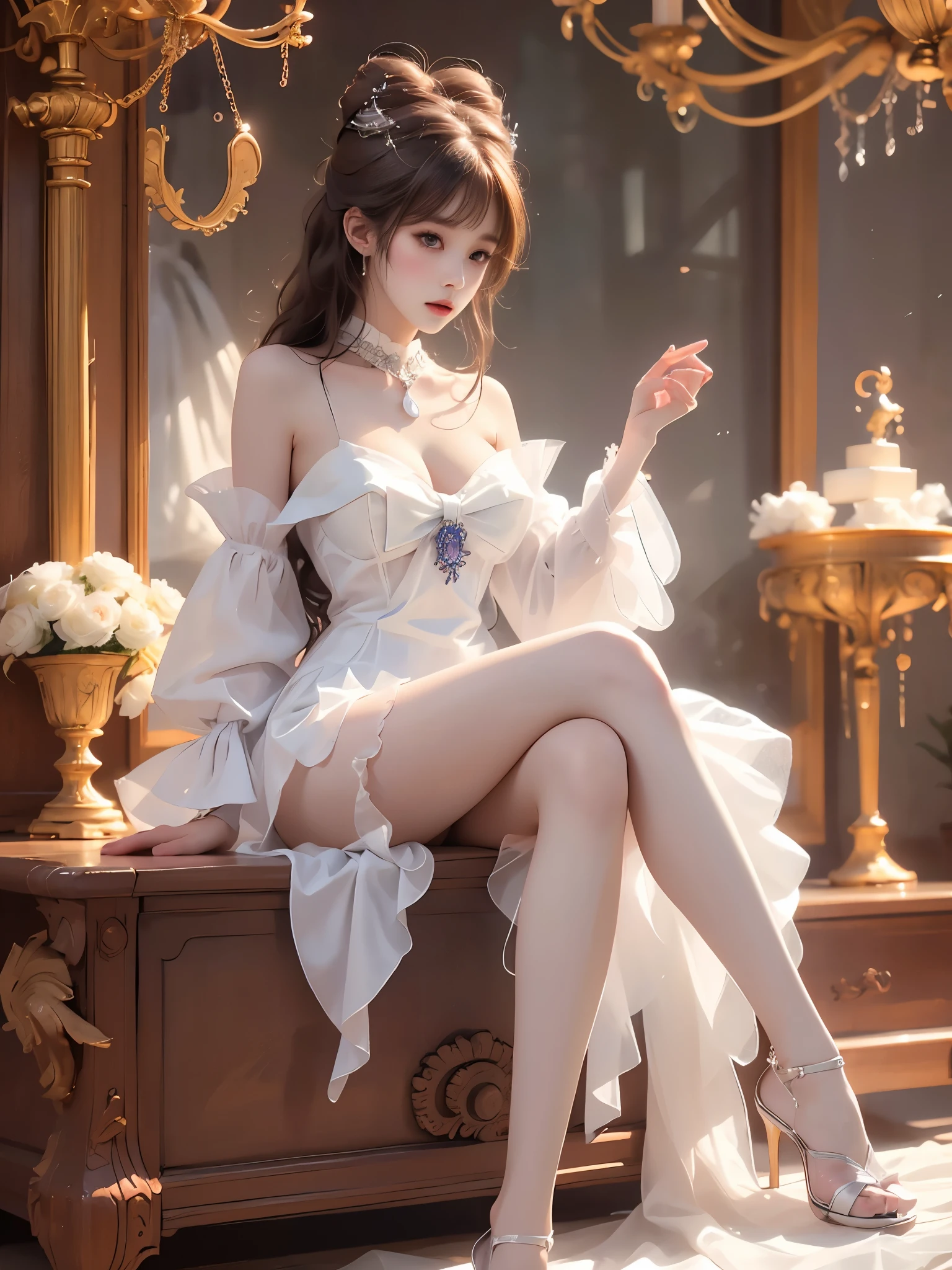 sangonomiya kokomi,hair ornament,white pantyhose,white half gloves,frilled sleeves,bow-shaped hair,bow,detached collar,sandals,white panties,1girl,solo,widesleeves,longhair,purple eyes ((full body)), ((overhead view,top-down view)), ((natural sitting pose with upper body leaning back)), ((reclining posture supported by elbows)), dark style realistic beauty, 1girl, solo, beautiful face with soft feminine features, (relaxed sitting position), (full breasts with visible cleavage),  (correct and attractive leg shape), (perfect anatomical proportions), dynamic composition, shapely figure, long toned legs, (highly detailed skin:1.3), flawless complexion, professional fashion photography, sharp focus, bokeh background, natural rim lighting, 8k ultra hd, photorealistic detail, studio quality, sophisticated atmosphere, feminine elegance, high-fashion editorial style.