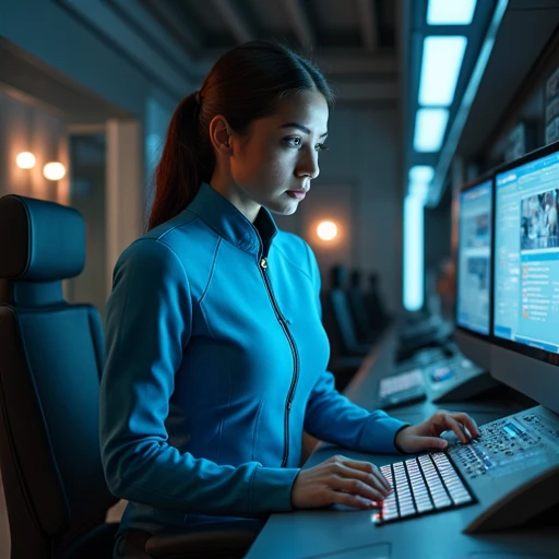 Solo, 1girl, in blue  sttnguniform at a engineering console 