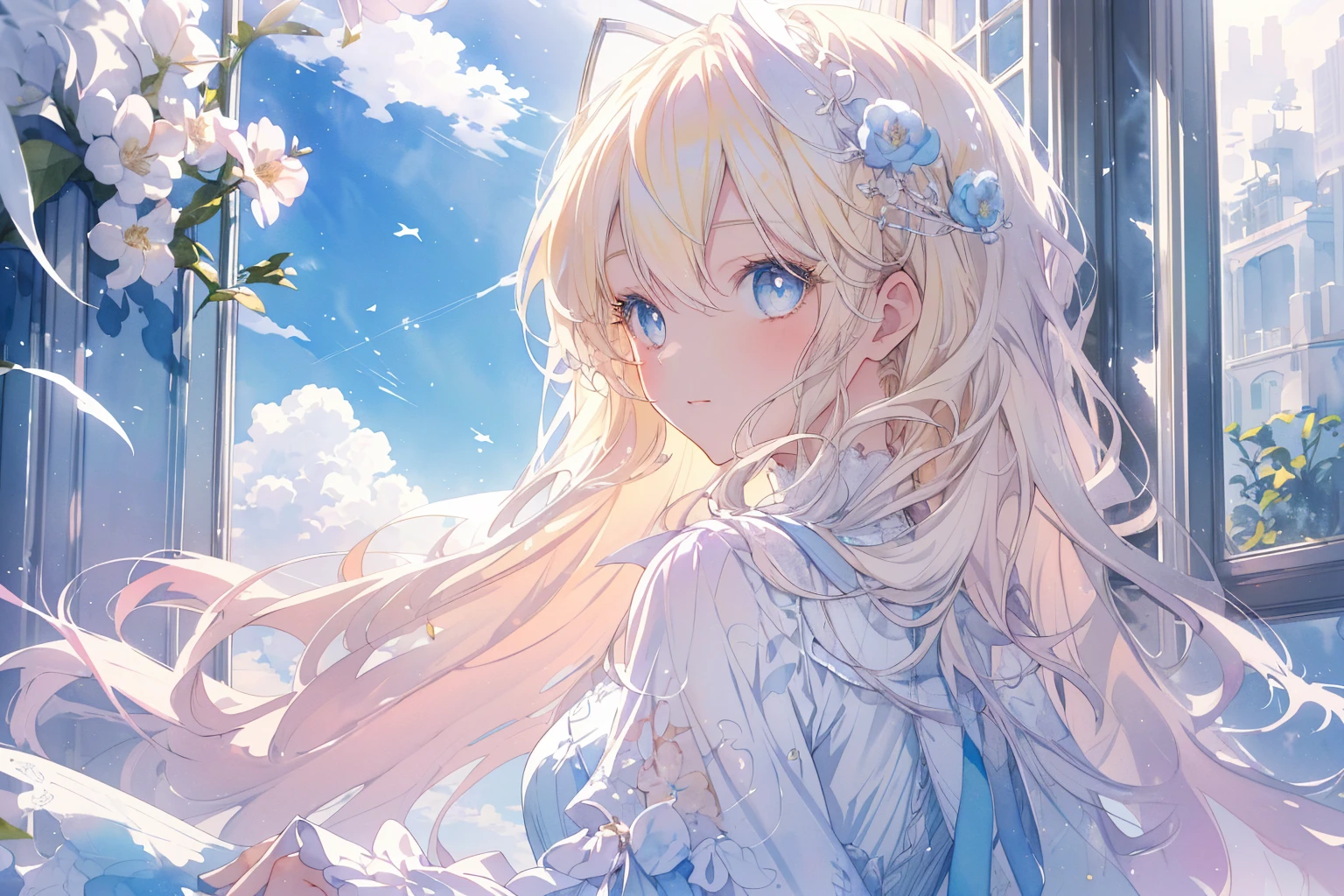 ((Super detailed),Heavenly sky background ,Beautiful Clouds, The light from the back window is backlit,, quiet watercolor pattern ),( Watercolor Texture ), (( 1 girl),Long white hair,Blonde,Blue Eyes,Adorable,Angelic),lightsmile,****ta Prostitute , High Quality