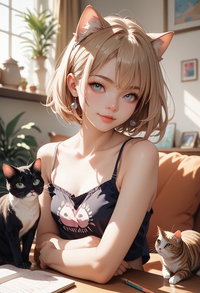 blond haired girl with blue eyes and a cat laying on her lap, realistic anime 3 d style, beautiful anime catgirl, photorealistic anime, realistic anime cat, anime catgirl, hyper realistic anime, 3 d anime realistic, cute anime catgirl, very beautiful anime cat girl, attractive cat girl, anime cat, very beautiful cute catgirl, realistic anime