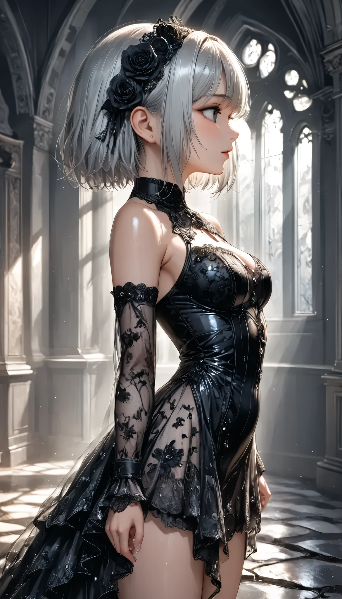 masterpiece, best quality, 8k, highres, ultra-detailed, HDR, UHD, anime style,1girl,full body,ground view,side view,Transparent white skin,drkgirl,dark gothic