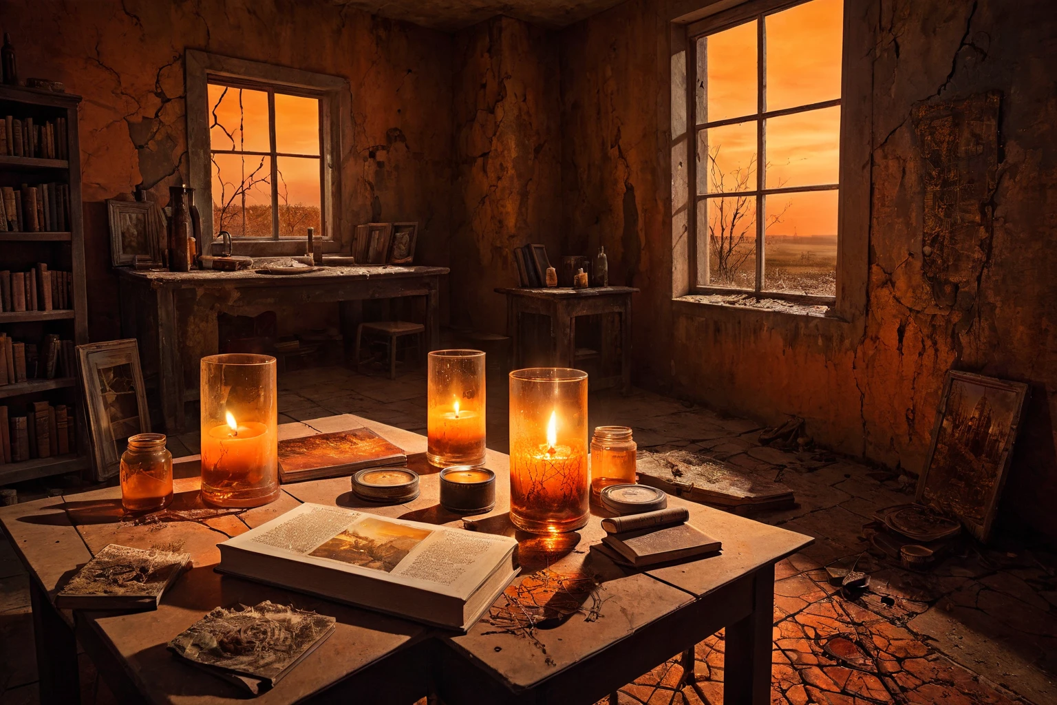 " A post-apocalyptic still life ,  bathed in twilight orange light . The candle,  consumed almost completely ,  projects a faint shadow on the dust-covered table .  Dense cobwebs envelop objects ,  transforming them into relics of a forgotten past . A bottle of broken glass ,  with traces of a reddish liquid ,  lies among dusty books .  in the background ,  a chipped mural reveals fragments of an idyllic landscape ,  now covered by cracks and stains of moisture .  Warm tones predominate ,  creating an oppressive and melancholic atmosphere ,  while the Flashes of light filtering through the windows add a touch of hope."