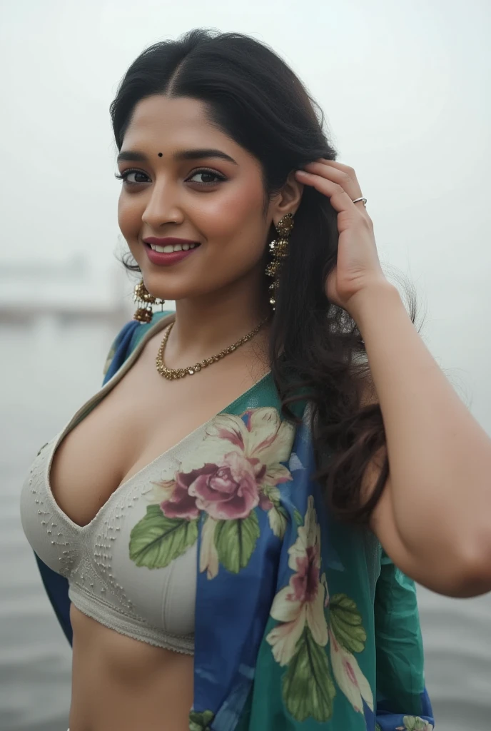 from bottom view, long shot photo of sexy indian, look at viewer and subtle smile, curvy athletic figure, open arms, sexy armpits, sweating, doing push ups in fog, ponytail, necklace, white see through lace bra, blue and green  saree with low necked blouse, glossy lips, (cinematic:1.3), intricate details, (ArtStation:1.2)