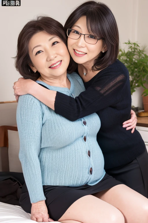  two 80 year old Japanese mature pornstars wearing knitted cardigans and tartan check pencil skirts for elderly mature women、 Stylish Glasses for Older Mature Women 、 MAKEUP 、 chubby body、obesity、Chubby thighs、clear、virgin、Chastity、Lady、They hug each other while smiling shyly 、They entangle each other's legs and press their crotches against each other、They love each other on the bed 、menopause、menopause