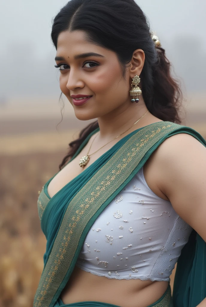 from bottom view, long shot photo of sexy indian, look at viewer and subtle smile, curvy athletic figure, open arms, sexy armpits, sweating, doing push ups in fog, ponytail, necklace, white see through lace bra, blue and green  saree with low necked blouse, glossy lips, (cinematic:1.3), intricate details, (ArtStation:1.2)