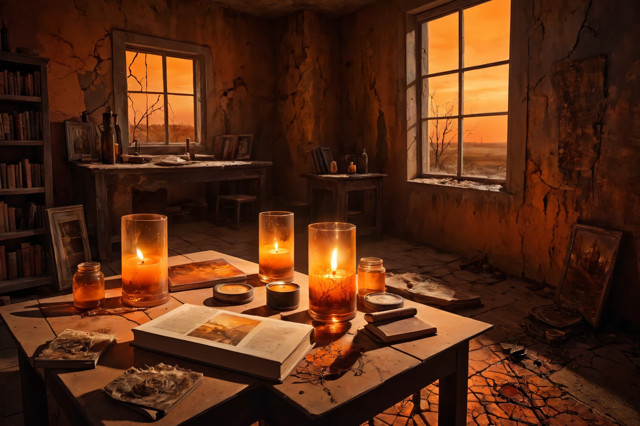 " A post-apocalyptic still life ,  bathed in twilight orange light . The candle,  consumed almost completely ,  projects a faint shadow on the dust-covered table .  Dense cobwebs envelop objects ,  transforming them into relics of a forgotten past . A bottle of broken glass ,  with traces of a reddish liquid ,  lies among dusty books .  in the background ,  a chipped mural reveals fragments of an idyllic landscape ,  now covered by cracks and stains of moisture .  Warm tones predominate ,  creating an oppressive and melancholic atmosphere ,  while the Flashes of light filtering through the windows add a touch of hope."