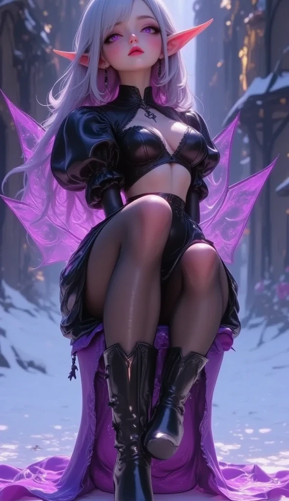 purple scene, 1 elven lady, full body, (black high cut bodysuit, Shiny enamel leather bodysuit, black puff sleeves cropped shirt, garter belts, black stockings, purple stiletto heels, black gloves), (long eyelash, Silver Hair, Purple Eyes, Half Closed eyes, grumpy expression, big breasts, cleavage, Black lips, Heavy makeup, Beautiful legs, Pottery Skin), background:Castle, Dramatic Lighting, volume lighting, mystical atmosphere