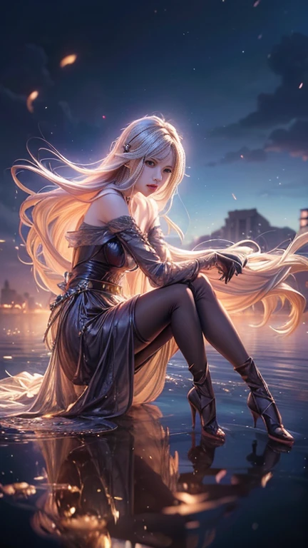 (   best quality, Realistic, photo-Realistic:1.37),    bright color , Smooth curves,     soft writing,  Anime Style, Long flowing hair, Beautiful eyes and lips,   sight  ,   black dress,    fantasy background ,    Dreamy Atmosphere .Slowly Walking Multi View  ,   widescreen , far and near method,  Backlight , 