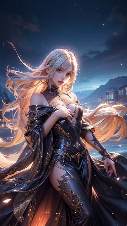 (   best quality, Realistic, photo-Realistic:1.37),    bright color , Smooth curves,     soft writing,  Anime Style, Long flowing hair, Beautiful eyes and lips,   sight  ,   black dress,    fantasy background ,    Dreamy Atmosphere .Slowly Walking Multi View  ,   widescreen , far and near method,  Backlight , 