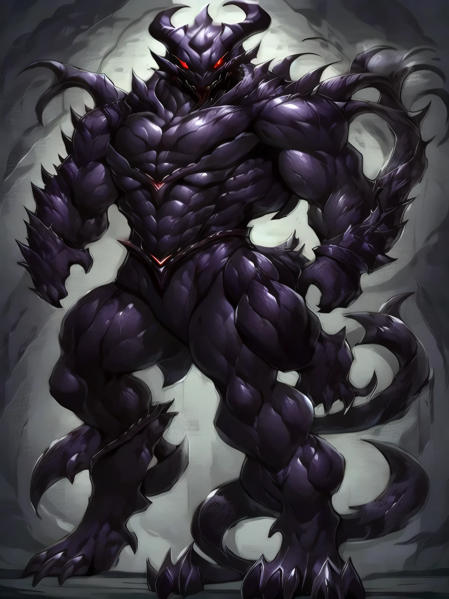 One, good looking, 1 person, Sporty body, V-shaped body, Detailed armor in black with purple glittering details, black demon horns, Long Hair, Black Hair, Reddish purple color of reptile eyes, Purple thread, Black light,Wicked Smile,Huge muscles,Huge penis,Ejaculate,Crazy look,shota