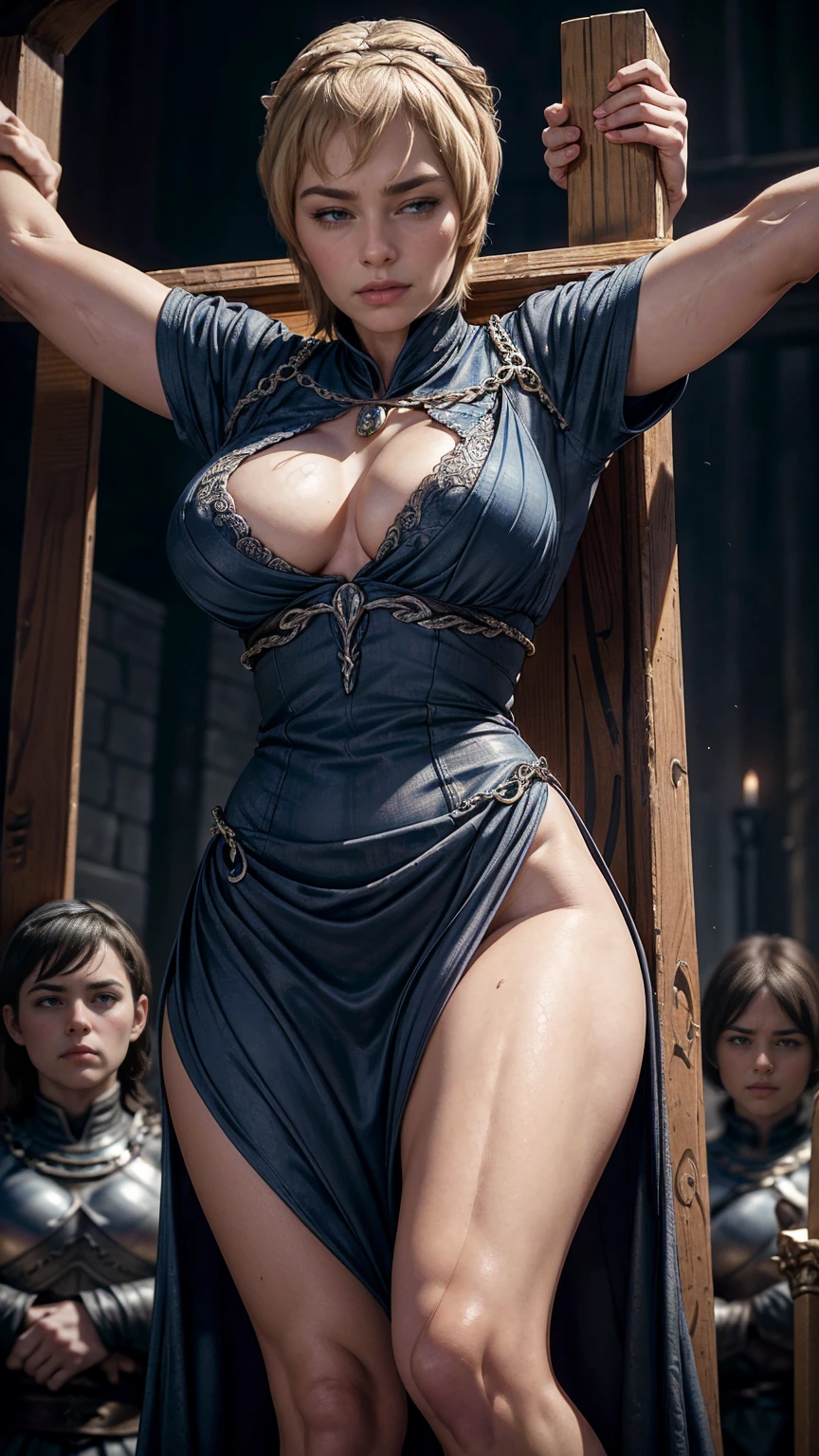 Foto hiperrealista en primer plano de mature (((Cersei Lannister))), Create dystopian masterpieces, scene from the Game of Thrones movie, the entire figure dressed in Game of Thrones style, tight dark blue dress with armor accessories, broken breastplate, on a medieval market square,  beautiful woman, skinny chubby, small breasts, straight brown hair, detailed face, ((fear)), photo taken from a distance, age 35 years old, (((violent men lifting her dress:1.2))), (((restrained and crucified by the crowd:1.2))), (((serious))), (((tears running along her cheeks))), (wood cross), ((big naked sagging breasts)), hairy pussy, thigh gap, (((dark atmosphere))), ((foggy)), ((detailed shadows)), (((naked innie vagina:1.2))), scared, naked pussy, (((nsfw:1.2)))