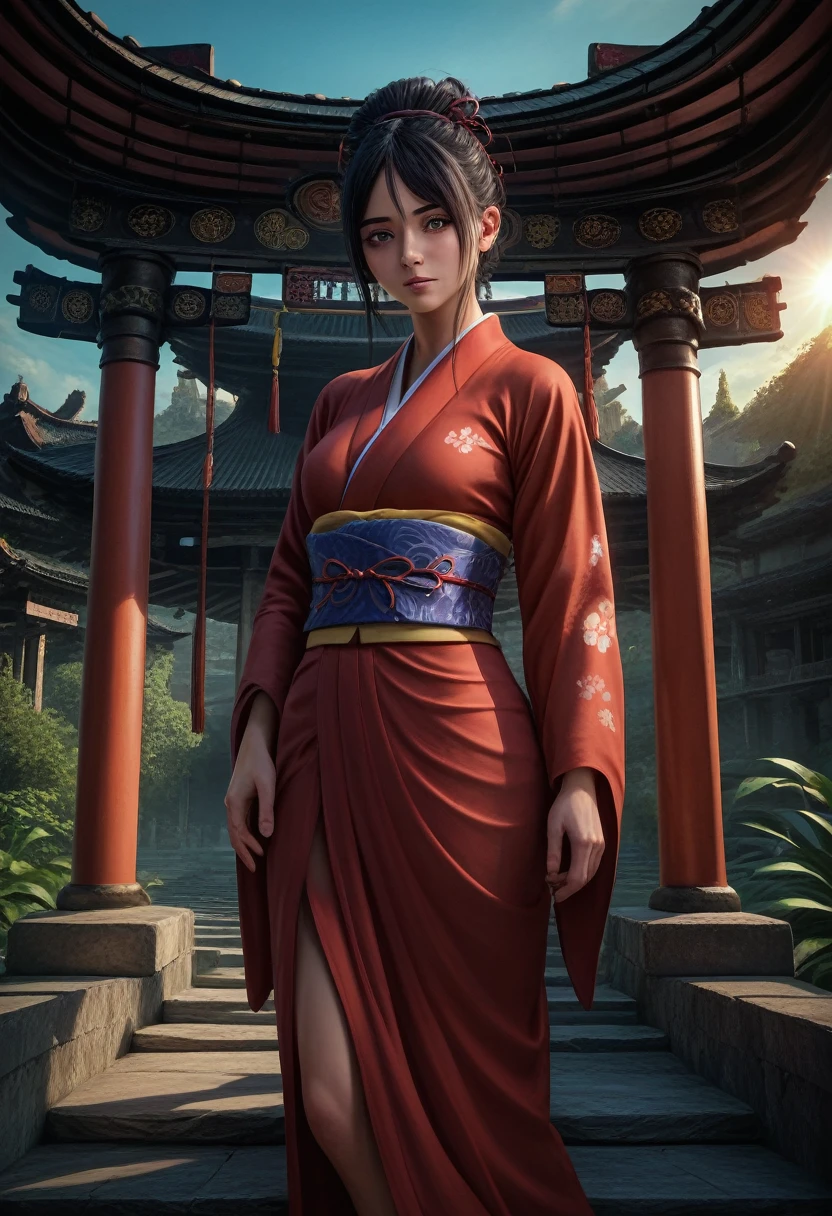 a beautiful mature japanese woman with long black hair,detailed kimono,walking in the corridor of an ancient temple,serene atmosphere,elegant pose,(best quality,4k,8k,highres,masterpiece:1.2),ultra-detailed,(realistic,photorealistic,photo-realistic:1.37),extremely detailed eyes and face,longeyelashes,temple,japanese architecture,sunlight,warm color tones,dramatic lighting