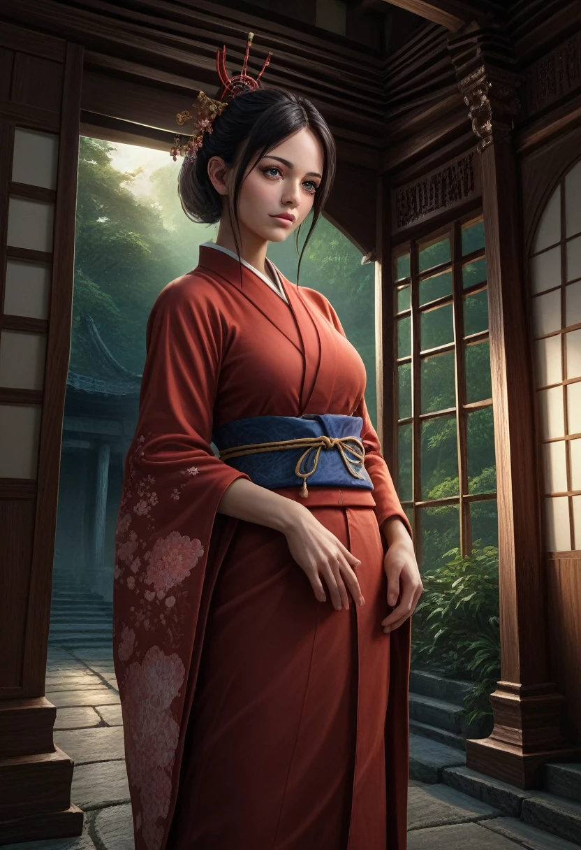 a beautiful mature japanese woman with long black hair,detailed kimono,walking in the corridor of an ancient temple,serene atmosphere,elegant pose,(best quality,4k,8k,highres,masterpiece:1.2),ultra-detailed,(realistic,photorealistic,photo-realistic:1.37),extremely detailed eyes and face,longeyelashes,temple,japanese architecture,sunlight,warm color tones,dramatic lighting