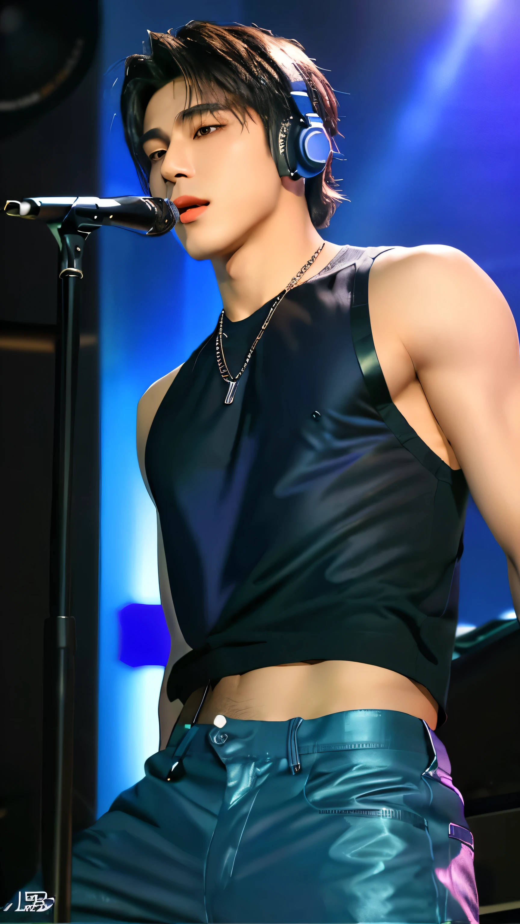 musical idol, masculine, 35 years rockstar style, with marked abs. Great dancer. Main vocalist of the group. Short hair and shaved on the sides.