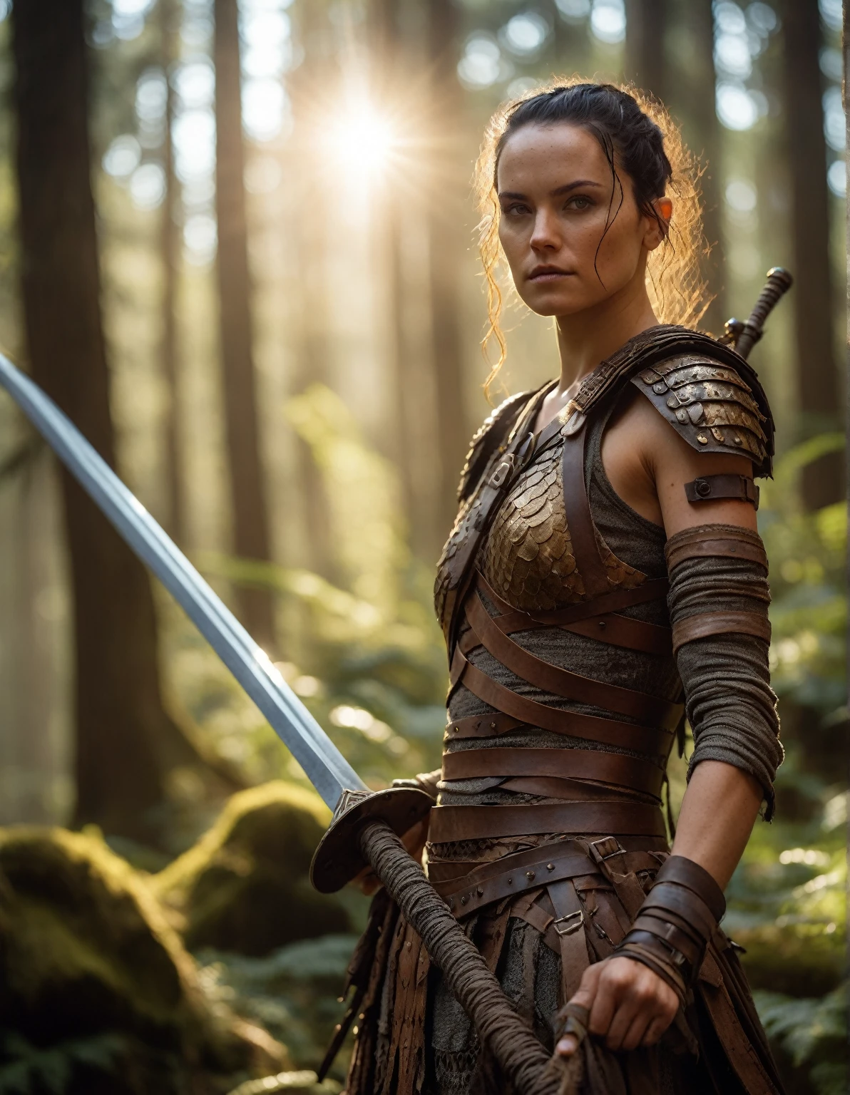 cinematic photo a (full height photograph:1.2) of (((ohwx woman))) (by Alyssa Monks:1.1), beautiful lighting, sharp focus, 8k, high res,Masterpiece, Nikon Z9, Award - winning photograph , athletic body ,dressed in her distinctive, tribal-inspired Start wars film style sexy armor, lush environment, vivid colors, high-resolution, 8k quality, detailed landscape, captivating digital artwork. ,(in the style of Gwent:1.2) ,  . 35mm photograph, film, bokeh, professional, 4k, highly detailed