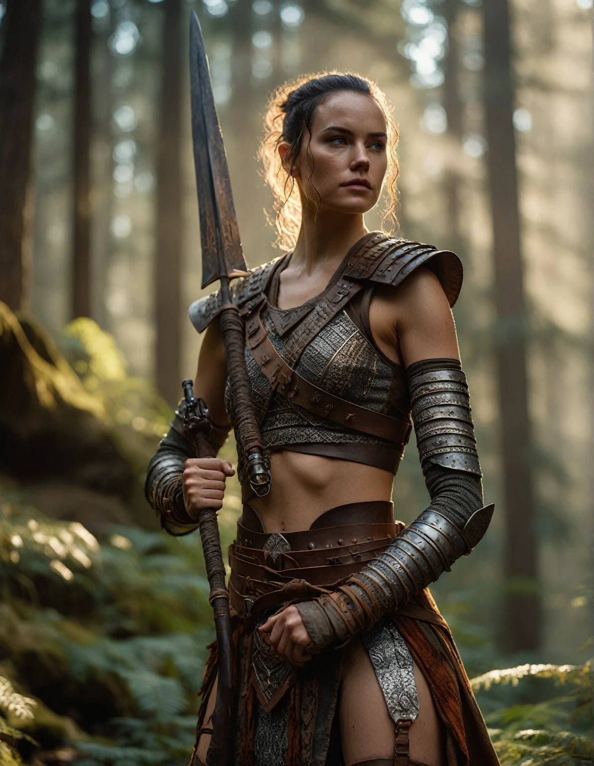 cinematic photo a (full height photograph:1.2) of (((ohwx woman))) (by Alyssa Monks:1.1), beautiful lighting, sharp focus, 8k, high res,Masterpiece, Nikon Z9, Award - winning photograph , athletic body ,dressed in her distinctive, tribal-inspired Start wars film style sexy armor, lush environment, vivid colors, high-resolution, 8k quality, detailed landscape, captivating digital artwork. ,(in the style of Gwent:1.2) ,  . 35mm photograph, film, bokeh, professional, 4k, highly detailed