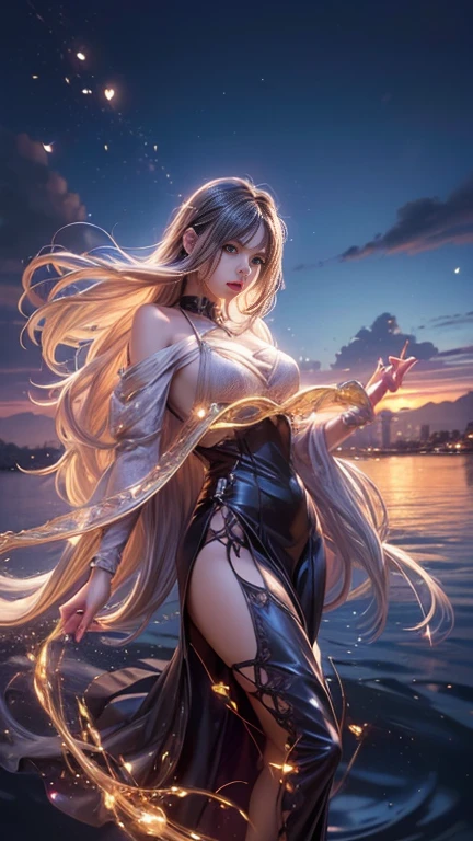 (   best quality, Realistic, photo-Realistic:1.37),    bright color , Smooth curves,     soft writing,  Anime Style, Long flowing hair, Beautiful eyes and lips,   sight  ,   black dress,    fantasy background ,    Dreamy Atmosphere .Slowly Walking Multi View  ,   widescreen , far and near method,  Backlight , 