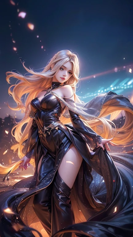 (   best quality, Realistic, photo-Realistic:1.37),    bright color , Smooth curves,     soft writing,  Anime Style, Long flowing hair, Beautiful eyes and lips,   sight  ,   black dress,    fantasy background ,    Dreamy Atmosphere .Slowly Walking Multi View  ,   widescreen , far and near method,  Backlight , 