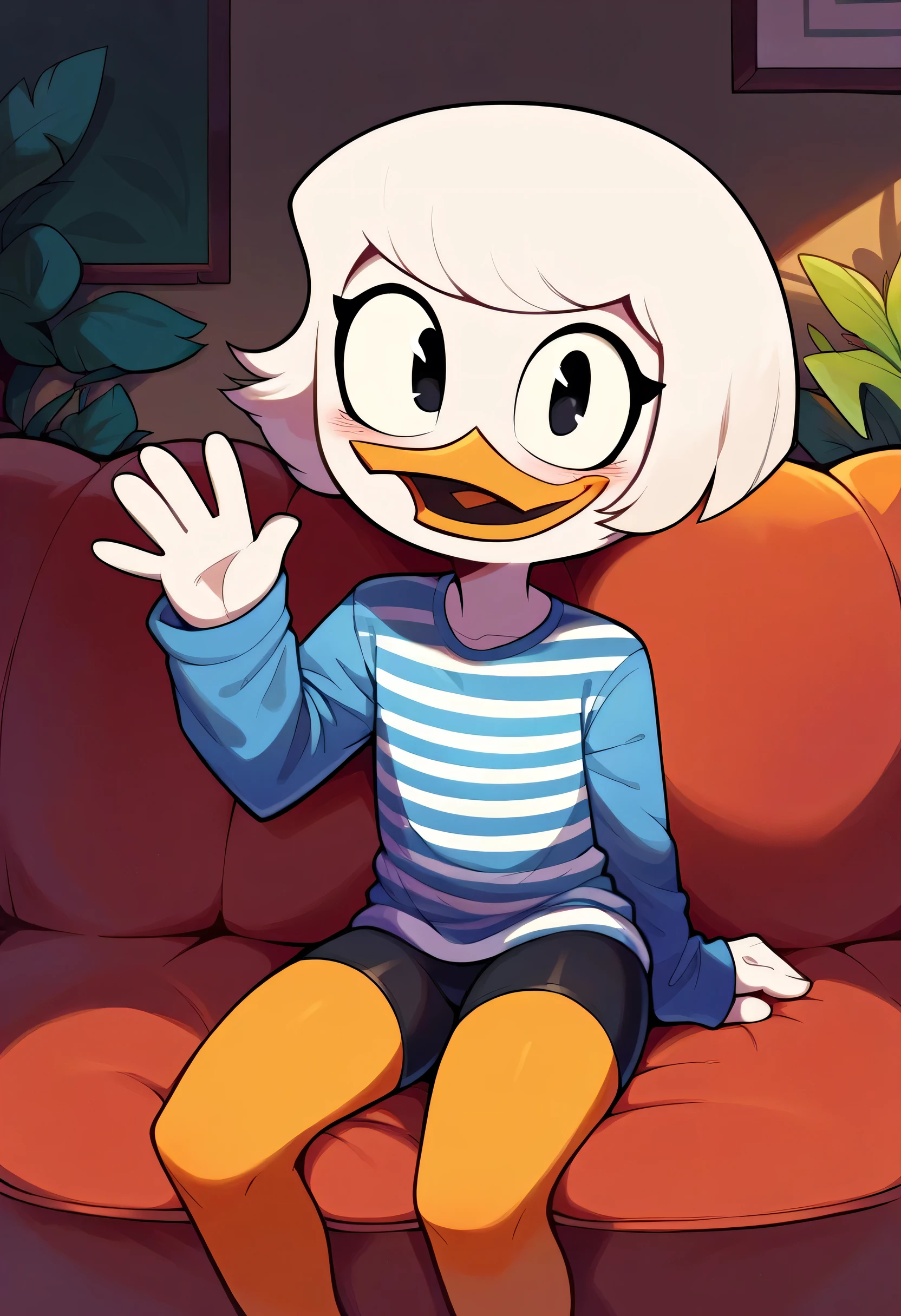 score_9, score_8_up, score_7_up, score_6_up, best quality, highres, source_furry BREAK drocll BREAK
1girl, solo, inside, living room, couch, sitting, duck, beak, webby vanderquack, young, white skin, white hair, short hair, happy, looking at viewer, black eyes, open smile, blush, sleeves past wrists, grey striped shirt, long sleeves, black shorts, bike shorts, waving hello