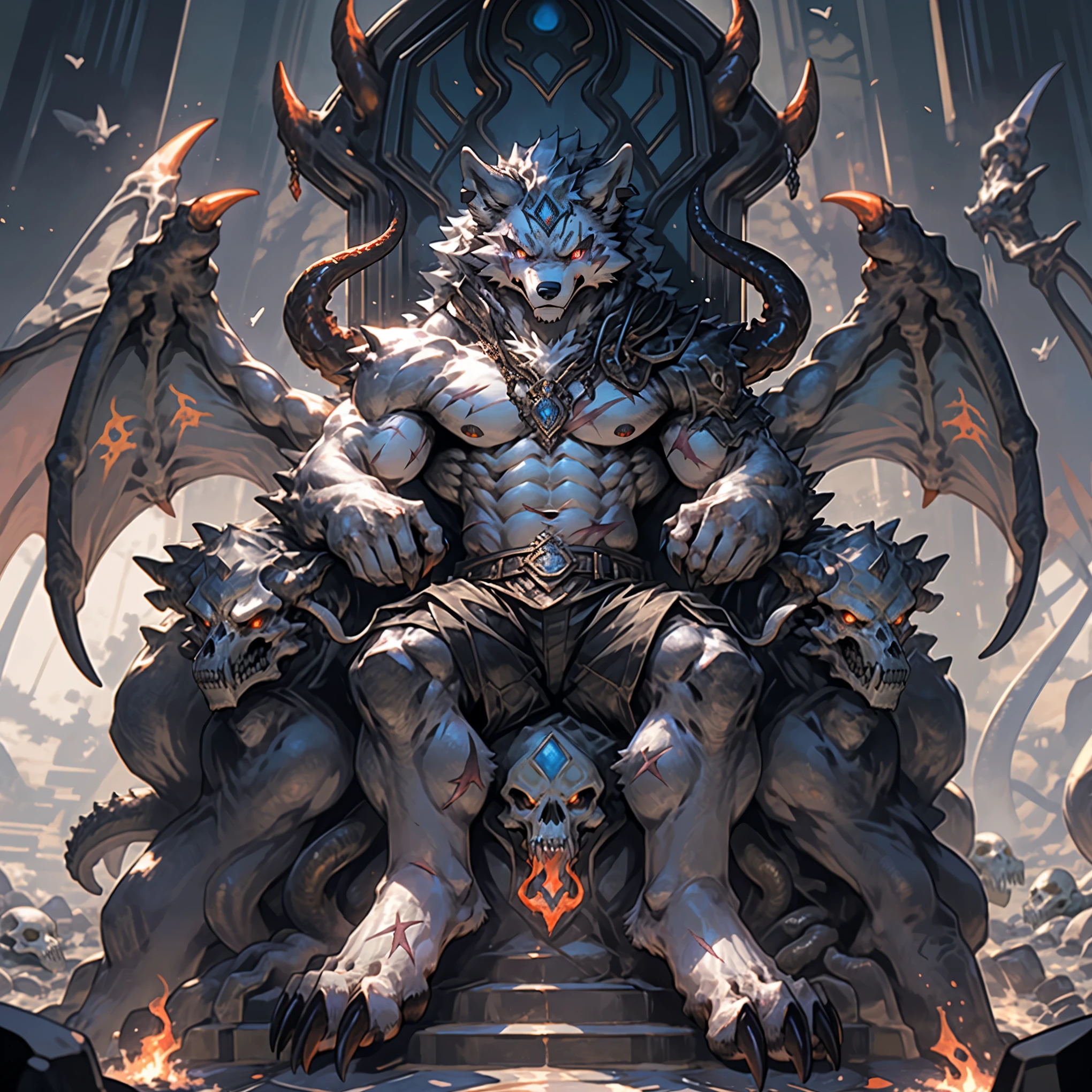 (((furry))), (((Cthulhu))), wolf, deity, evil god, wolf beastman, werewolf, (((gray wolf))), full body portrait, ((gray fur)), (bare-chested), strong, muscular, firm chest muscles, 8-pack abs, thick arms, developed biceps, thick tail, broad wolf paws, (barefoot), broad beast feet, sharp claws, (((exposed canine))), (((notched ear))), ((demon horns)), (nipple ring), (collar), (scarred body), ((damaged demon wings)), ((blue flames)), ((eyes with blue flames)), ((third eye on forehead)), ((vertical eye on forehead)), (((vertical scar on left eye))), (((scar from left shoulder to right waist))), (((scar across chest and abs))), handsome face, determined face, majestic face, skull pattern on face, ((mysterious pattern on chest)), ((magic circle pattern on arms)), (loose shorts), (belt made of skulls), ((throne of bones)), ((sitting on throne of bones)), ((looking at camera)), ((looking down)), (((smirking expression))), ((tentacles)), ((tentacles with eyes)), ((iron chains)), ((iron chains with runes)), ((iron chains wrapped around body)), burning ground, ground full of skulls, black mist floating in the air, twisted, destruction, (seductive), handsome, (charming), majestic, domineering, huge, powerful, evil, eerie, indescribable