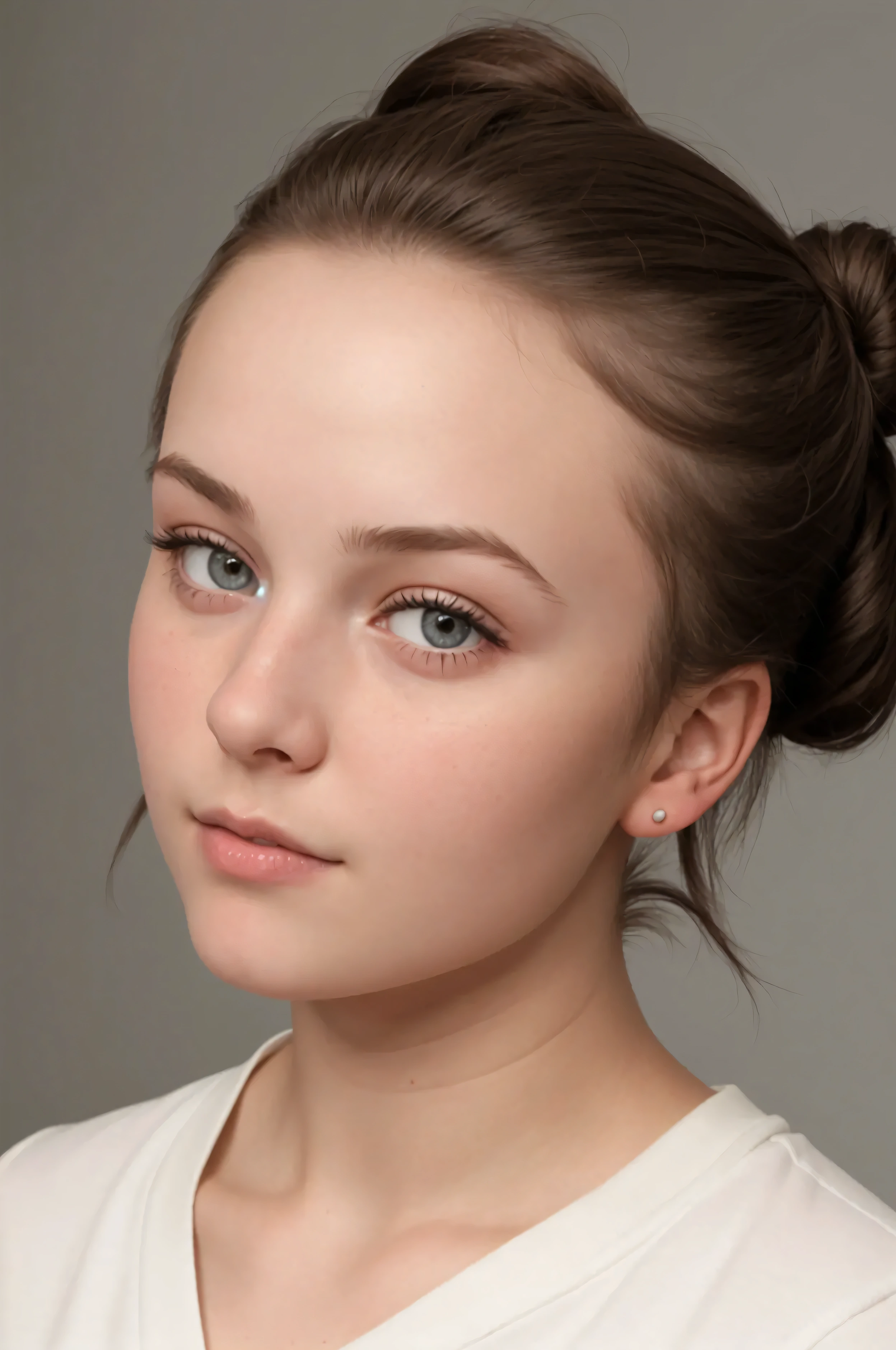 scottish ager girl, , face from exact front perspective, short hair tied in a bun / bun
