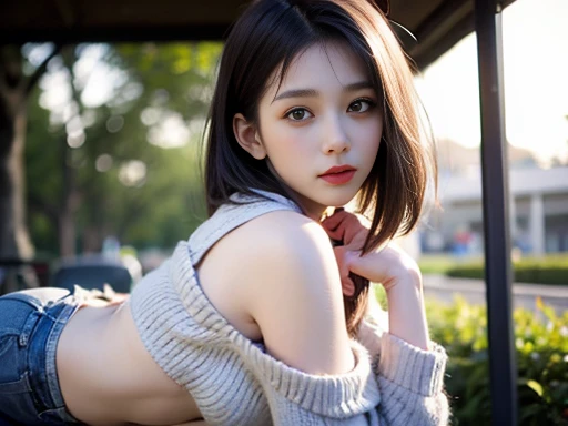 masterpiece、(((full nude)))、((((full nudeヌード)))、(((don&#39;t wear clothes、Going out naked))、((Low - Angle)))、exposed girl、detailed eyes、超High resolution(reality:1.4)very beautiful, beautiful skin, slender,slender body、small breasts、small breasts、((Are thin、concave abdomen))、thin and long legs、 (Super realistic), (High resolution), (8K), (very detailed), (Super detailed), details face,、NSFW、lascivious、obscene appearance、(((art)))、The sweater that kills virginity、black overknee socks and short boots、Two-shot with a high school girl in uniform、outdoors
