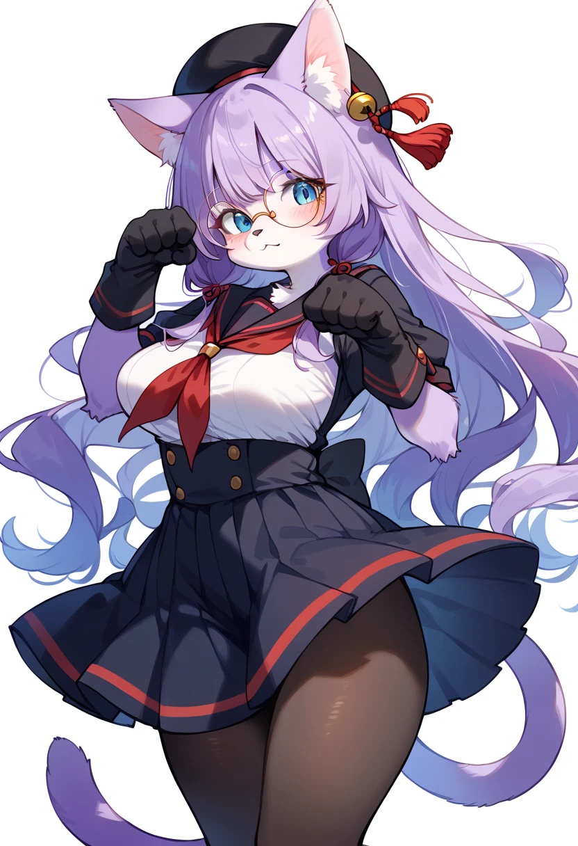 score_9, score_8_up, score_7_up, score_6_up, score_5_up, score_4_up, source_anime, best quality, amazing quality, very aesthetic, absurdres, 1girl, (furry, kemono:1.3), cat, cat girl, cat ears, cat tail, long hair, purple hair, blue eyes, breasts, blush, glasses, round eyewear, hat, pantyhose, gloves, neckerchief, beret, skirt, looking at viewer, paw pose, solo, simple background, white background, black gloves, black headwear, red neckerchief, hat tassel, closed mouth, animal ear fluff, black pantyhose
