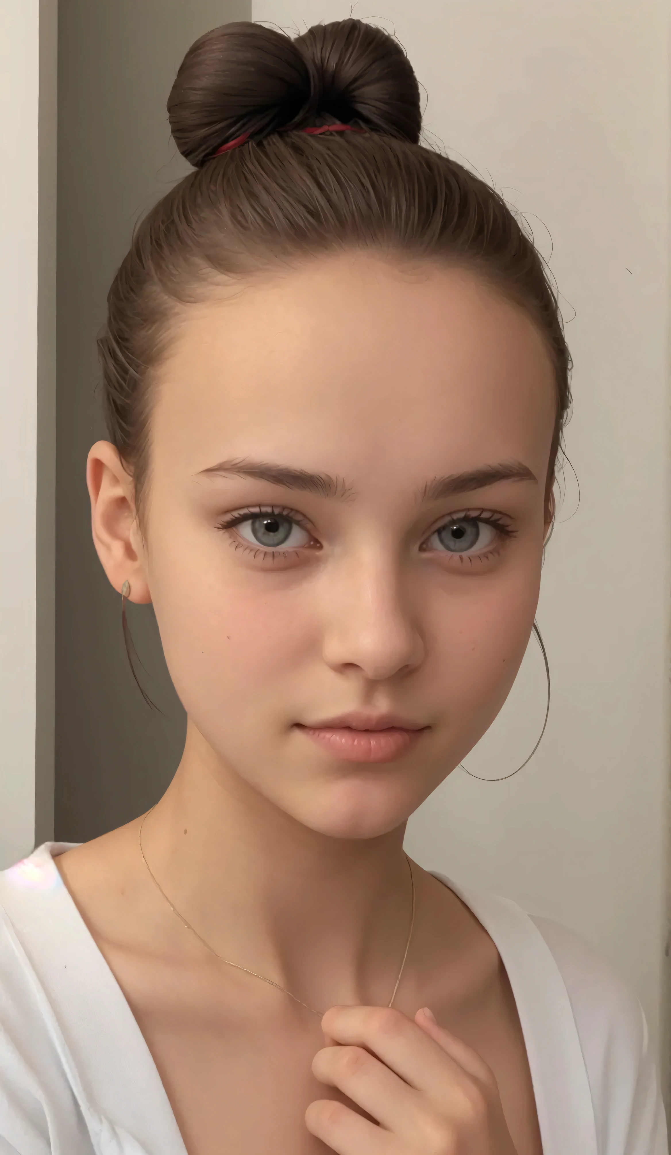 french ager girl, , face from exact front perspective, short hair tied in a bun / bun