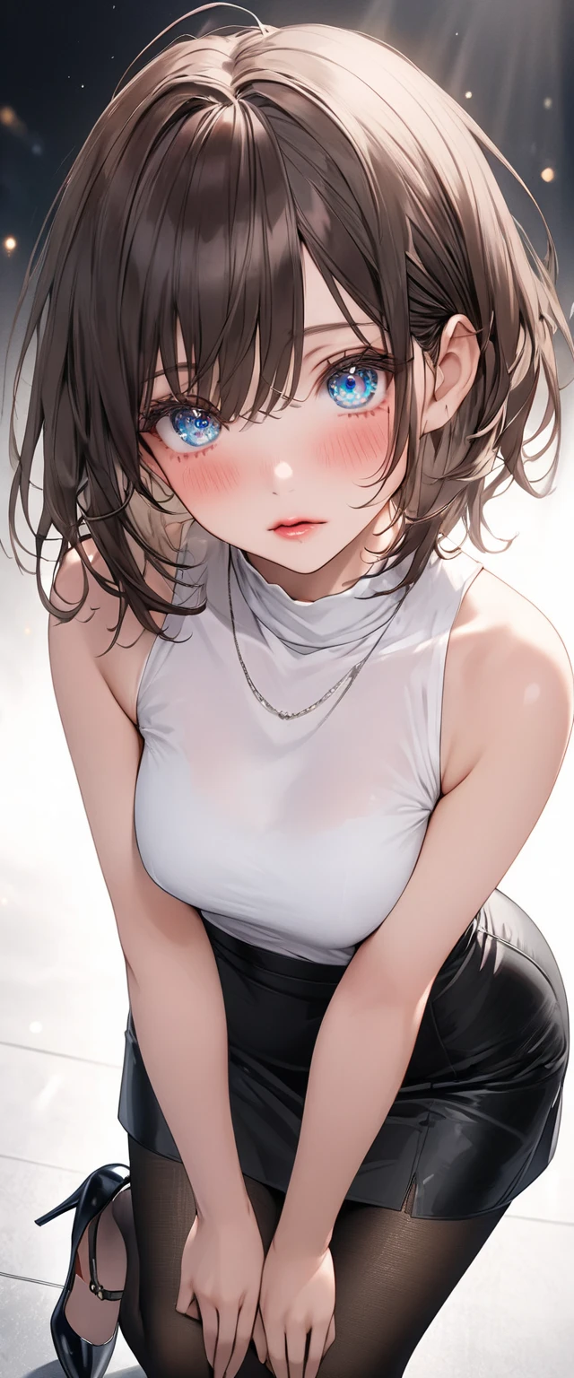 ((Tank top, skirt)), skindentation, skinny, solo, 1 woman, Masterpiece, highest quality, highest quality, 16K, incredibly absurd, highly detailed, 2.5D, ai-generated, delicate and dynamic, very delicate facial expressions, delicate eye depiction, erotic, only sexy woman, ((A cute and kind face)), healthy figure, 25-year-old woman, 160cm tall, medium firm swaying bust, blush, Sweat,Embarrassed,sexy, ((thin thighs)), (Erect nipples:0.7), ((shiny and lustrous)), facing straight at viewer, ((brown black skin)), ((Oily_skin)), sweaty skin, wet skin, dutch angle, ((sexy pose)), Dynamic poses,