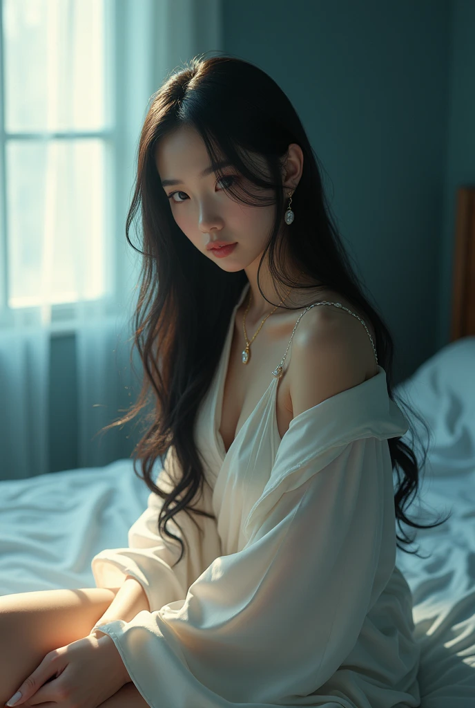 towards the camera,put a face to the viewer,stand on all fours,High image quality,works of masters,daughter,black hair,long hair shawl,long hair flowing over shoulders,cropped shoulder,clavicle,exquisite face,moist red lips,white dress,clavicle,towards the camera,Single photo,hosiery,sad expression,bust,real person,(ocean,sandy beach),CG rendering,16,000,lying in bed,Put your hands behind your head.,look into the camera,The night scenery was beautiful, farewell,hyper hd,The details were perfect,the picture is real,Extreme picture quality,Highest accuracy,8K 해상도,shade of darkness,8K, yes ,Ultra HD,8K