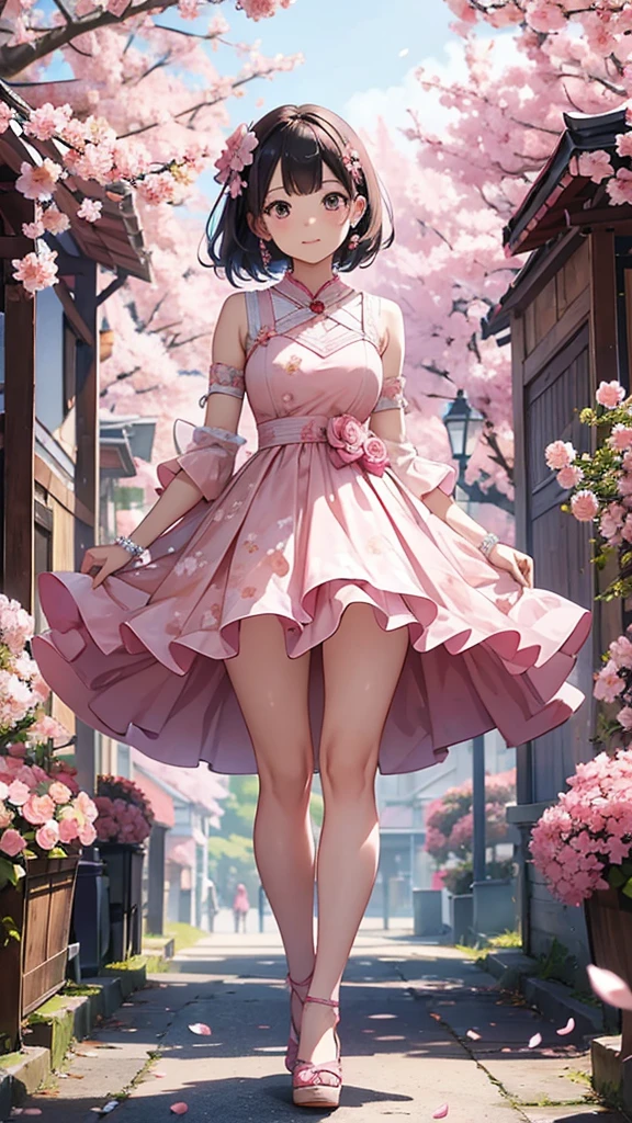 woman in pink dress、Standing Pose、 idol costume、Woman in pink dress decorated with cherry blossom petals 、Show the whole body