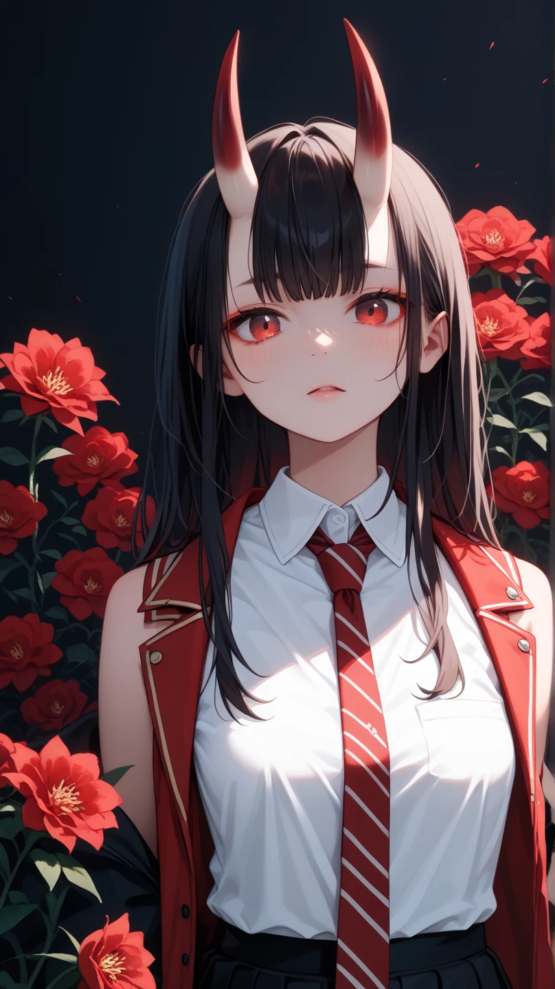 ((black hair, long hair, uniform hair color, straight hair, hair down to the bottom)), ((pure neon red horns, horns like oni or ogres, straight horns, two horns)), red eyes, ((school uniform, white sleeveless shirt, burgundy tie, black skirt, black jacket, jacket with bronze edging, jacket hanging on the elbows)), woman, facing the viewer, ((best quality, high quality)), ((dark light, dark background, red flowers of Lycoris radiant)), standing, ((head:1, hips, elbows, in sight)), a masterpiece