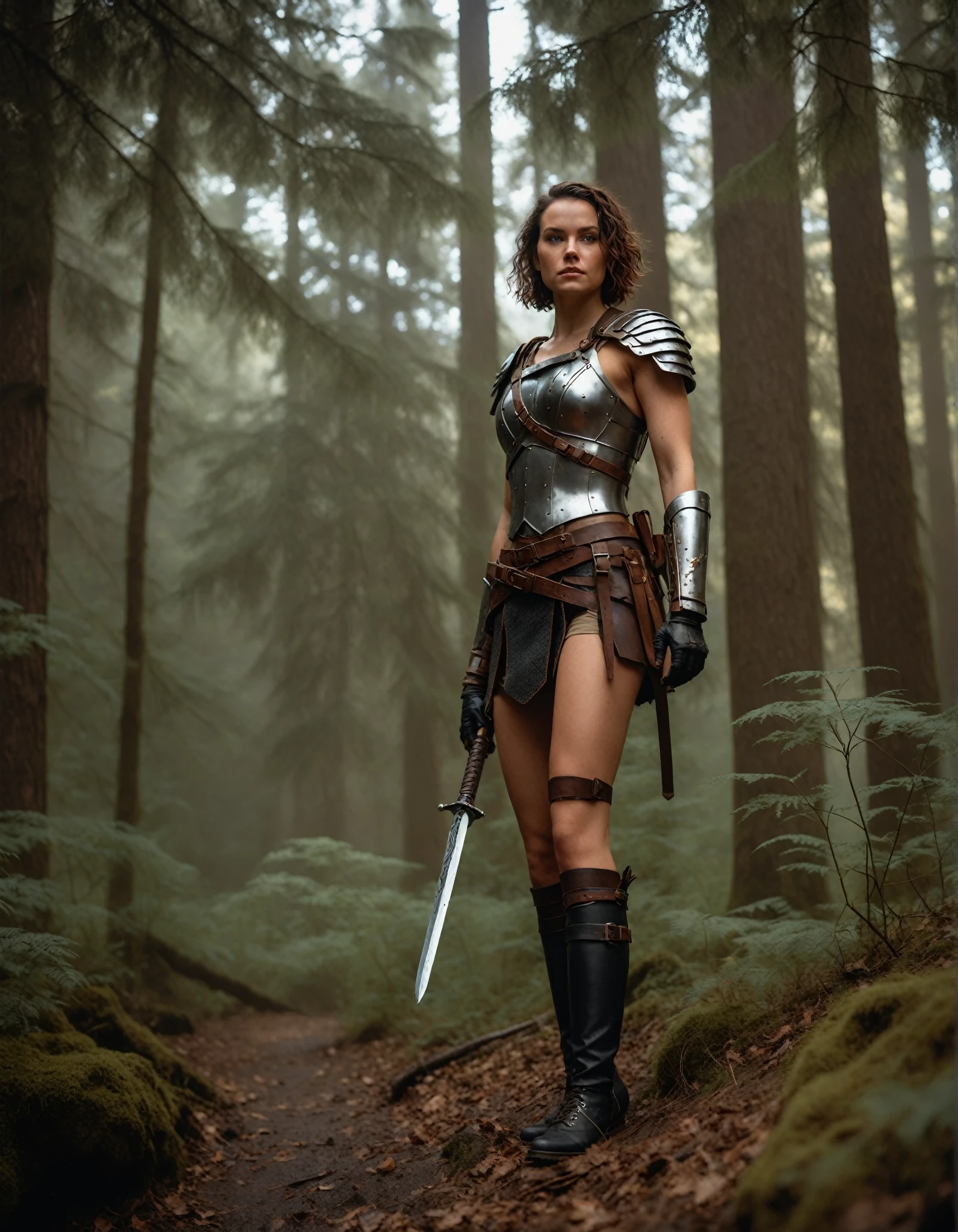 cinematic photo a (full height photograph:1.2) of (((ohwx woman))) (by Alyssa Monks:1.1), beautiful lighting, sharp focus, 8k, high res,Masterpiece, Nikon Z9, Award - winning photograph , athletic body ,dressed in her distinctive, Start wars film style sexy armor, bare legs and ass, lush environment, vivid colors, high-resolution, 8k quality, detailed landscape, captivating digital artwork. ,(in the style of Gwent:1.2) ,  . 35mm photograph, film, bokeh, professional, 4k, highly detailed