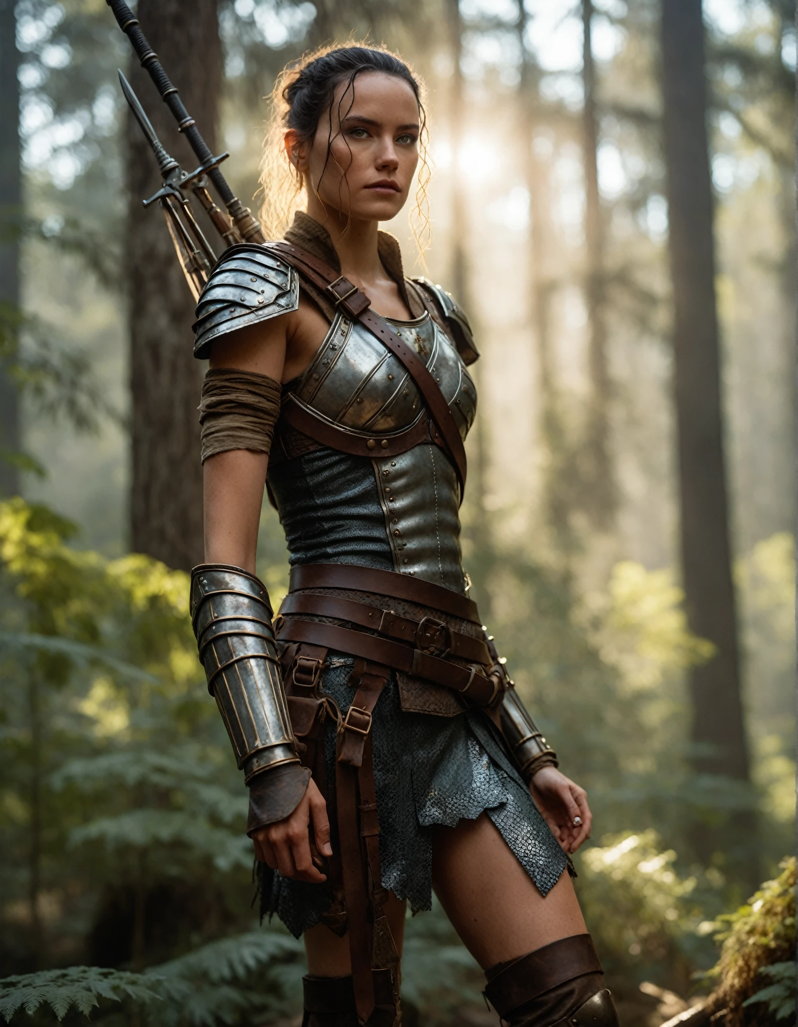 cinematic photo a (full height photograph:1.2) of (((ohwx woman))) (by Alyssa Monks:1.1), beautiful lighting, sharp focus, 8k, high res,Masterpiece, Nikon Z9, Award - winning photograph , athletic body ,dressed in her distinctive, Start wars film style sexy armor, bare legs and ass, lush environment, vivid colors, high-resolution, 8k quality, detailed landscape, captivating digital artwork. ,(in the style of Gwent:1.2) ,  . 35mm photograph, film, bokeh, professional, 4k, highly detailed