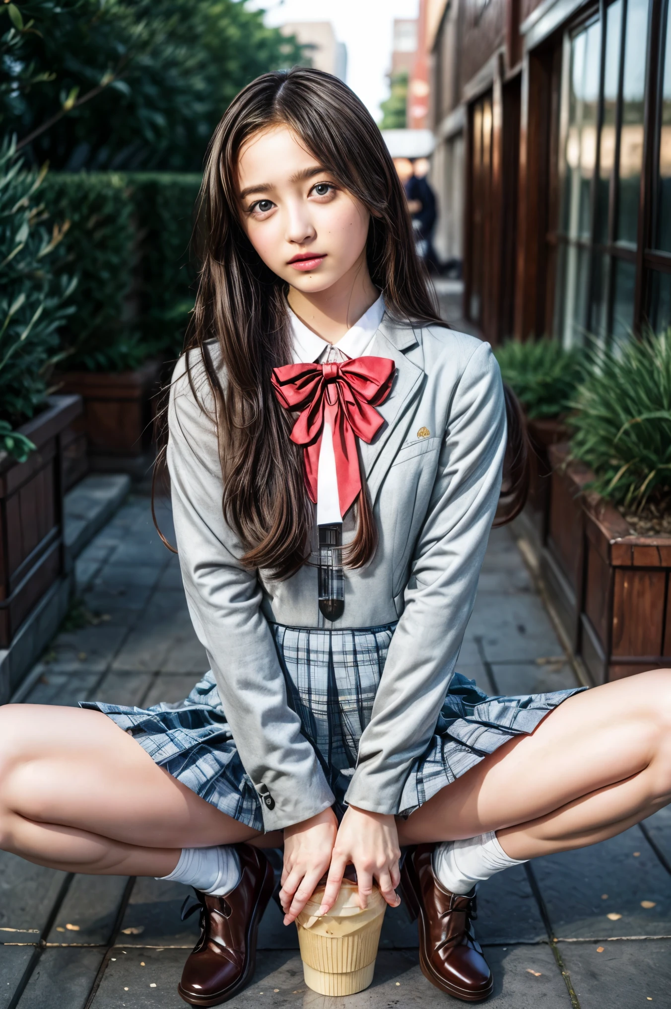 high resolution photograph, (masterpiece,best quality),(realistic, photo-realistic),RAW Photo, 8k, solo, 1girl, a junior high school students, a beautiful female idol, beautiful face, detailed eyes, thin nose,(dark hair, long straight hair:1.2),(junior high school uniform:1.3), (desperate pose:1.2), (full body), looking at viewer, (spread legs, bow-legged, pissing in a cup:1.5), photo background, Starbucks, coffee shop in the city,