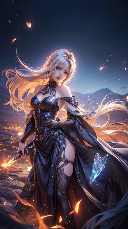 (    best quality, Realistic, photo-Realistic:1.37),     bright color , Smooth curves,      soft writing,  Anime Style, Long flowing hair, Beautiful eyes and lips,   vision  ,    black dress,     fantasy background ,     Dreamy Atmosphere  .Slowly Walking Multi View   ,    widescreen  , far and near method,  Backlight ,  shortcut,  Looking ,  cowboy shots,  close-up , 