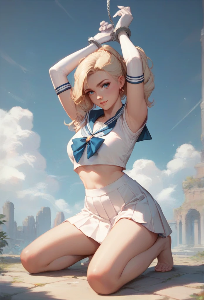 sailor suit warrior， White Long Gloves ， Wear handcuffs on both hands，Raise your hands above your head，Kneeling on the ground