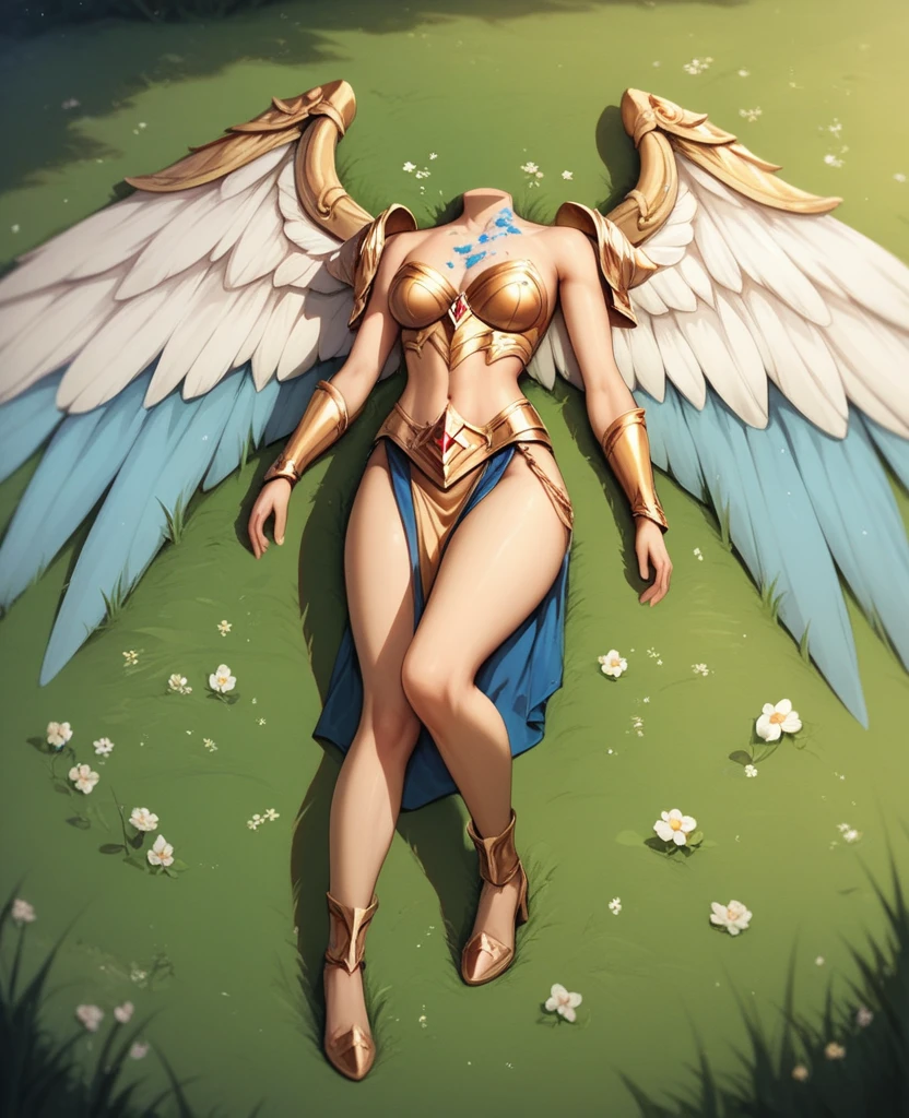 A decapitated body of an angel woman lying on the grassy ground wearing a fancy golden armor, lower torso clothes, her bare skinny legs exposed, she has two pair of wings no long nails, blue-colored blood on her neck stump, NO NAKED IMAGERY AND NO POINTY FINGERS!