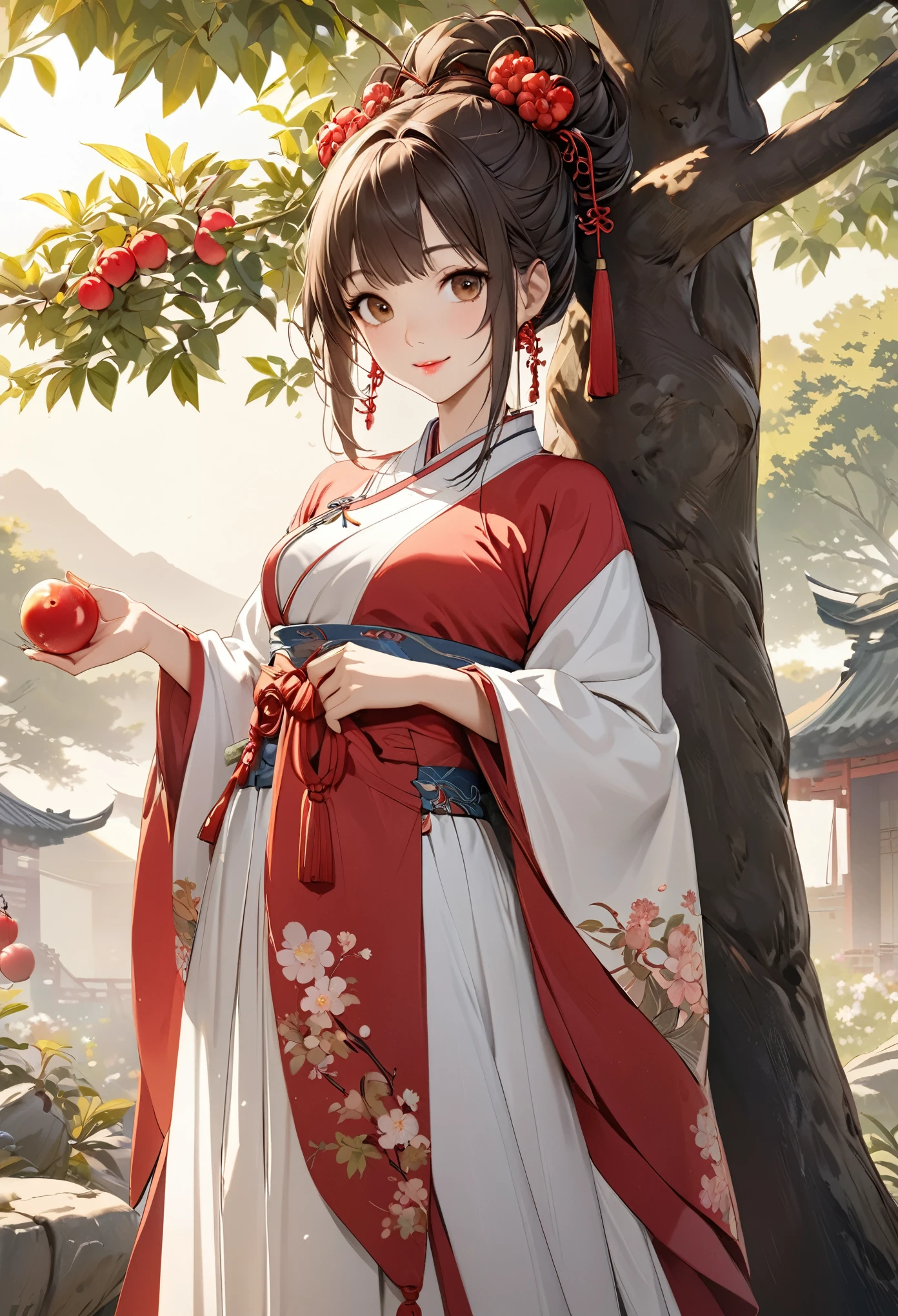 masterpiece,  super detail,  High Quality ,  very detailed, 8k wallpaper, A beautiful single daughter ,  ancient Chinese clothing , full body, Beautiful brown eyes,  pink lips, Beautiful nose, A neat and beautiful face,  looks at me and smiles gently , Mid-chest,  has an anatomically accurate and beautiful figure, Beautiful Skin, natural clean background , Sunshine, Wolfberry flower ,   next to a jujube tree  ,   detailed illustration art, 