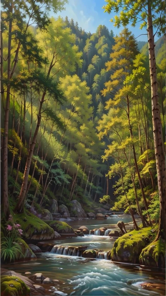 Oil painting forest, chinesee style mountain