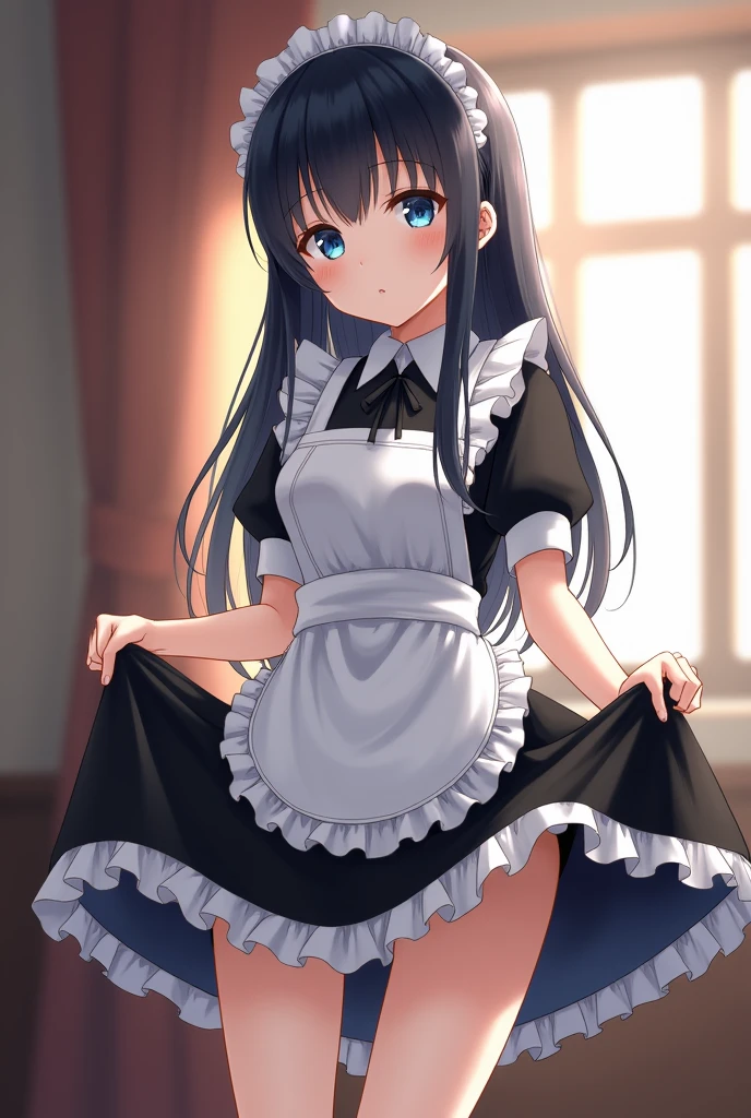 Long black hair loli、Wearing a maid outfit、Skirt lift、Showing the vagina