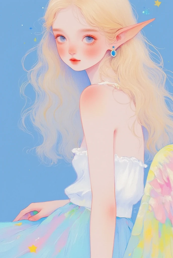 Anime Girl，Long blond hair， blue dress ，There are also angel wings , of an beautiful Angel Girl, Angel Girl, Soft moe anime illustration, Angelic and unsettling, Angelic, by Marie Angel, portrait of a Beautiful Angel, Dressed Angel, Beautiful Angel, The majestic angel, low angel, Angelical, Mature sexy young woman using bowater ,  Angel Paintings 