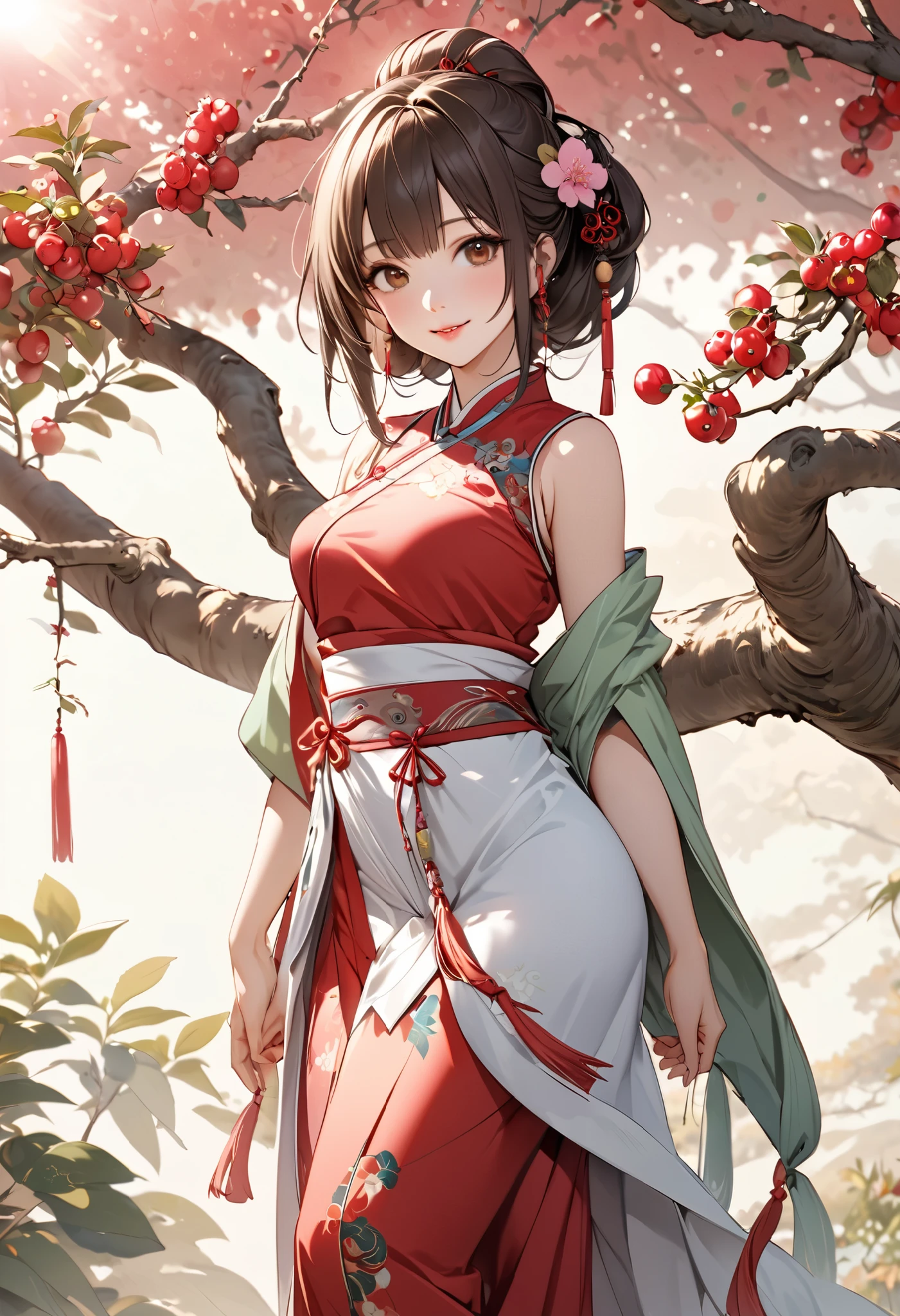 masterpiece,  super detail,  High Quality ,  very detailed, 8k wallpaper, A beautiful single daughter ,  ancient Chinese clothing , full body, Beautiful brown eyes,  pink lips, Beautiful nose, A neat and beautiful face,  looks at me and smiles gently , Mid-chest,  has an anatomically accurate and beautiful figure, Beautiful Skin, natural clean background , Sunshine, Wolfberry flower ,   next to a jujube tree  ,   detailed illustration art, 